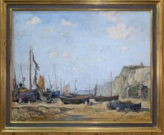 English mid century beach and landscape scene, with fishing boats and fishermen