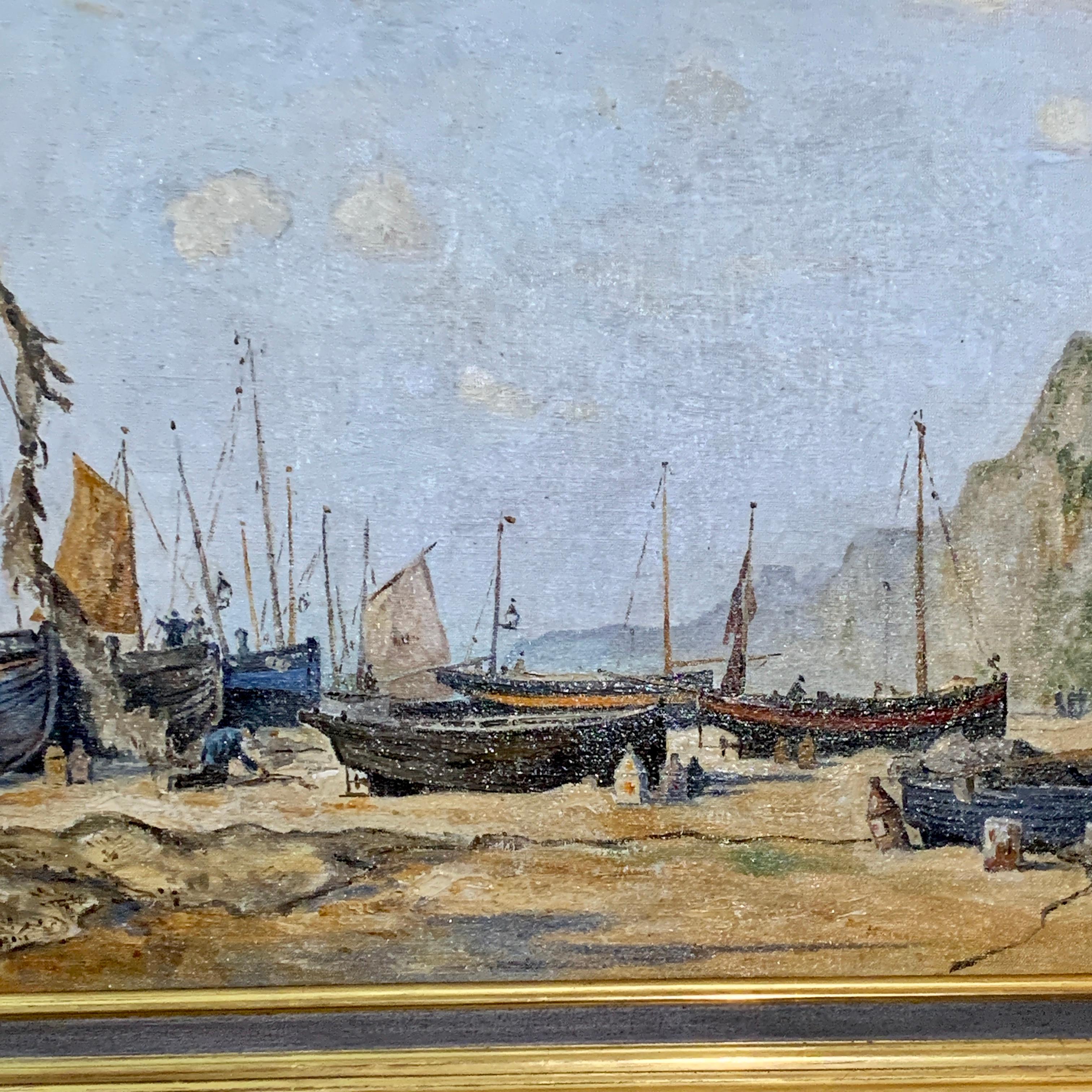 English mid century beach and landscape scene, with fishing boats and fishermen - Painting by Ernest Wills