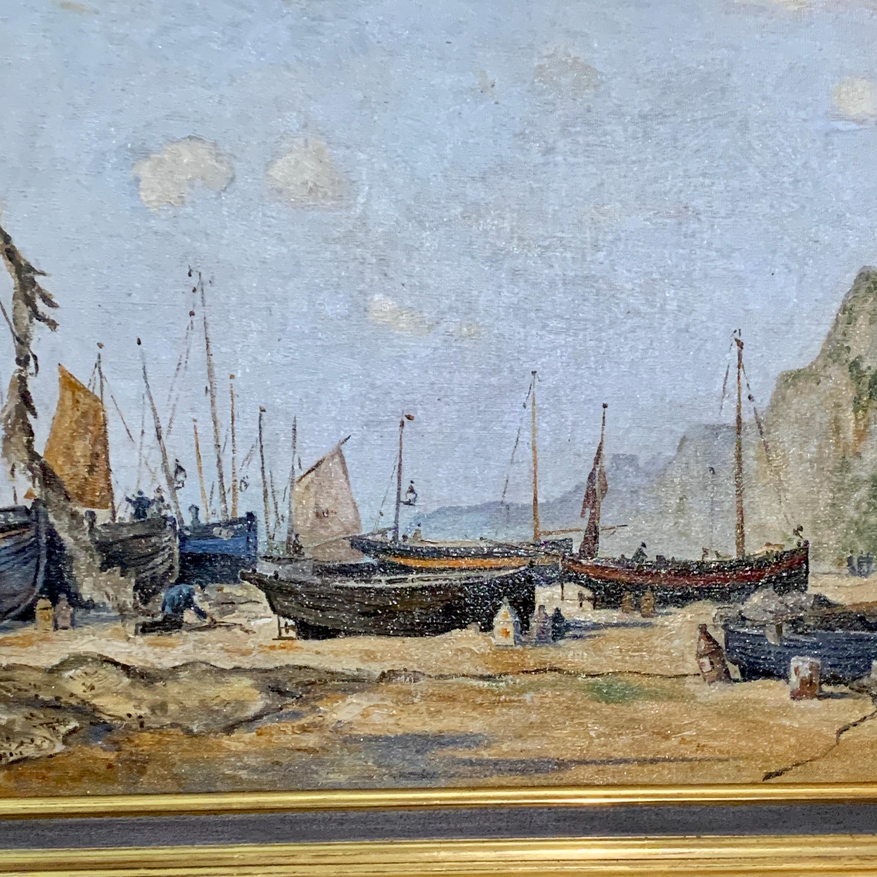 Escena inglesa de playa y paisaje de mediados de siglo, con barcos de pesca y pescadores - Painting de Ernest Wills