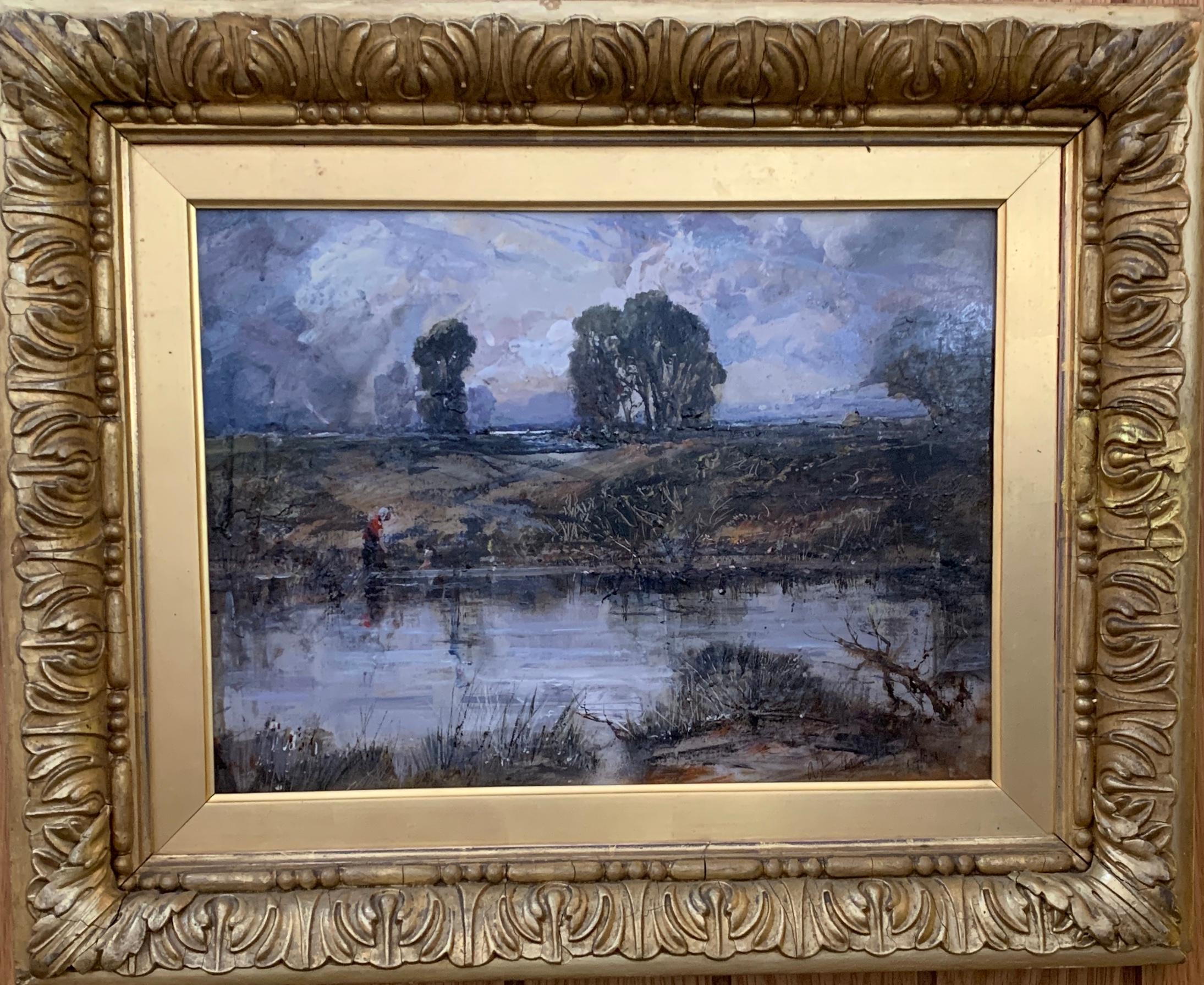 A Cloudy Day, English Impressionist Flusslandschaft mit Figur und Cottage
