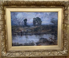 A Cloudy Day, English Impressionist River Landscape with figure and cottage