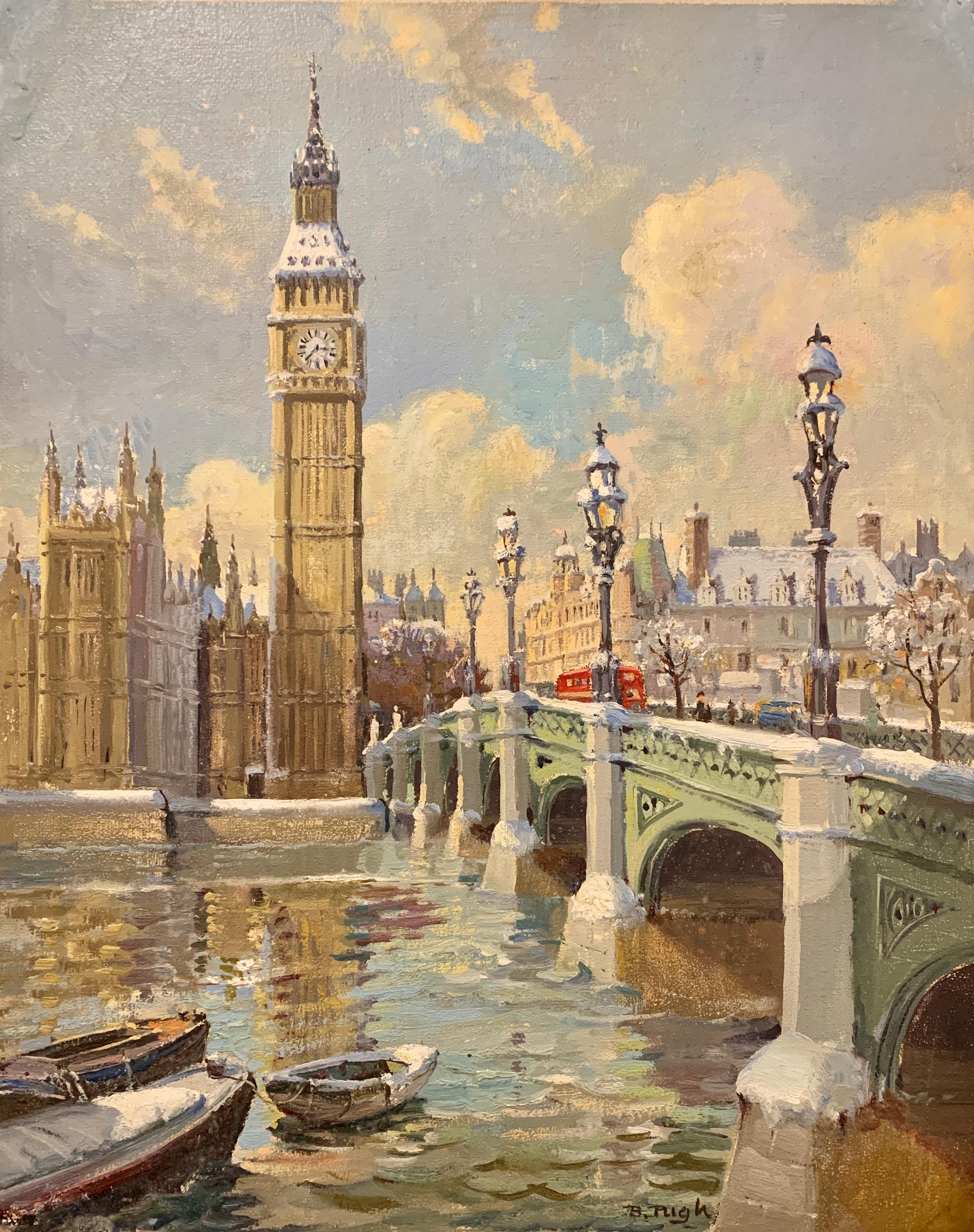 Big Ben in London with London Bridge in the snow, by the River Thames, England - Painting by Bert Pugh