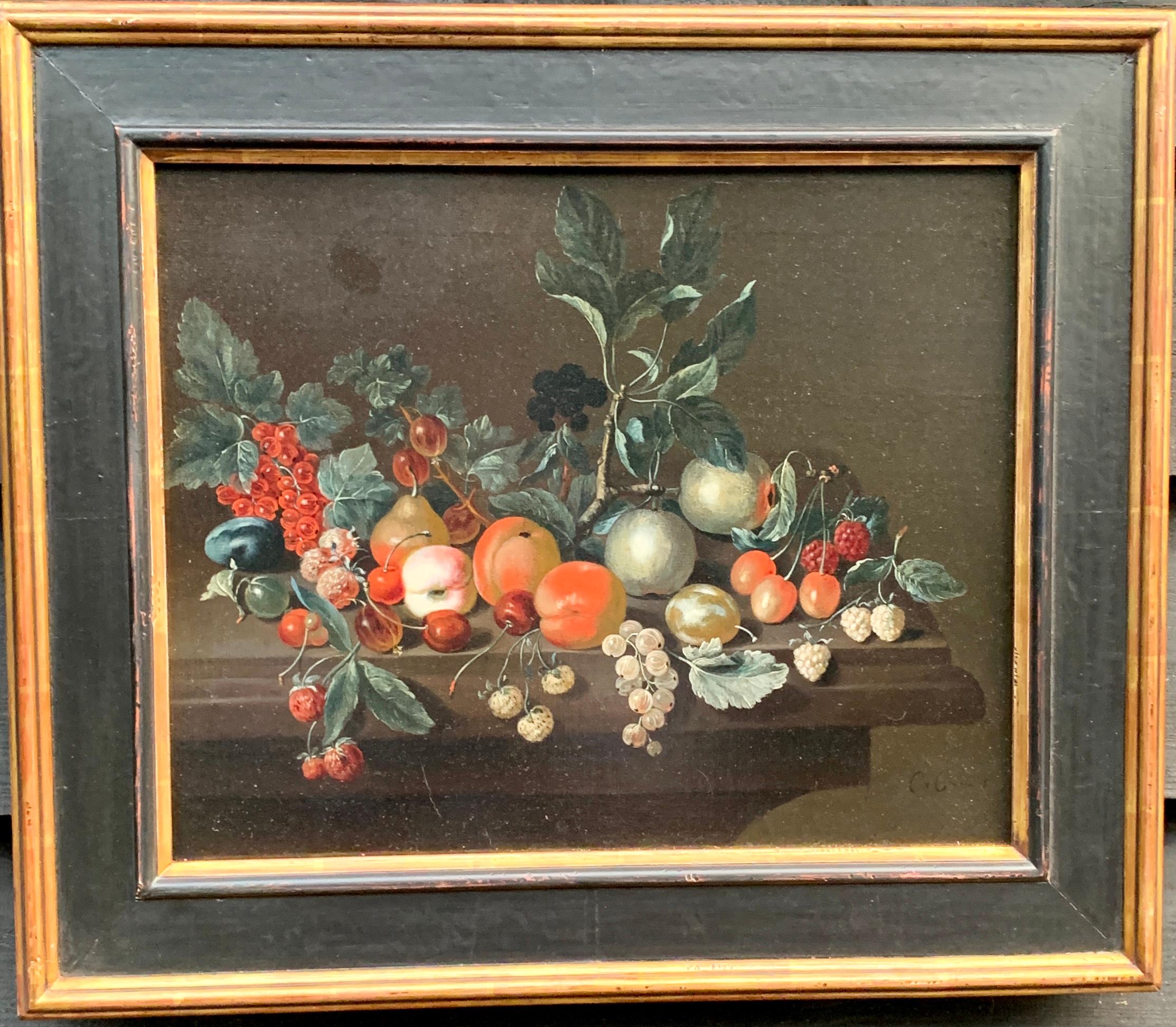 18th Century Dutch School, monogrammed C.C Still-Life Painting - Dutch old master still life of fruit, with plums, Cherries, Raspberries etc