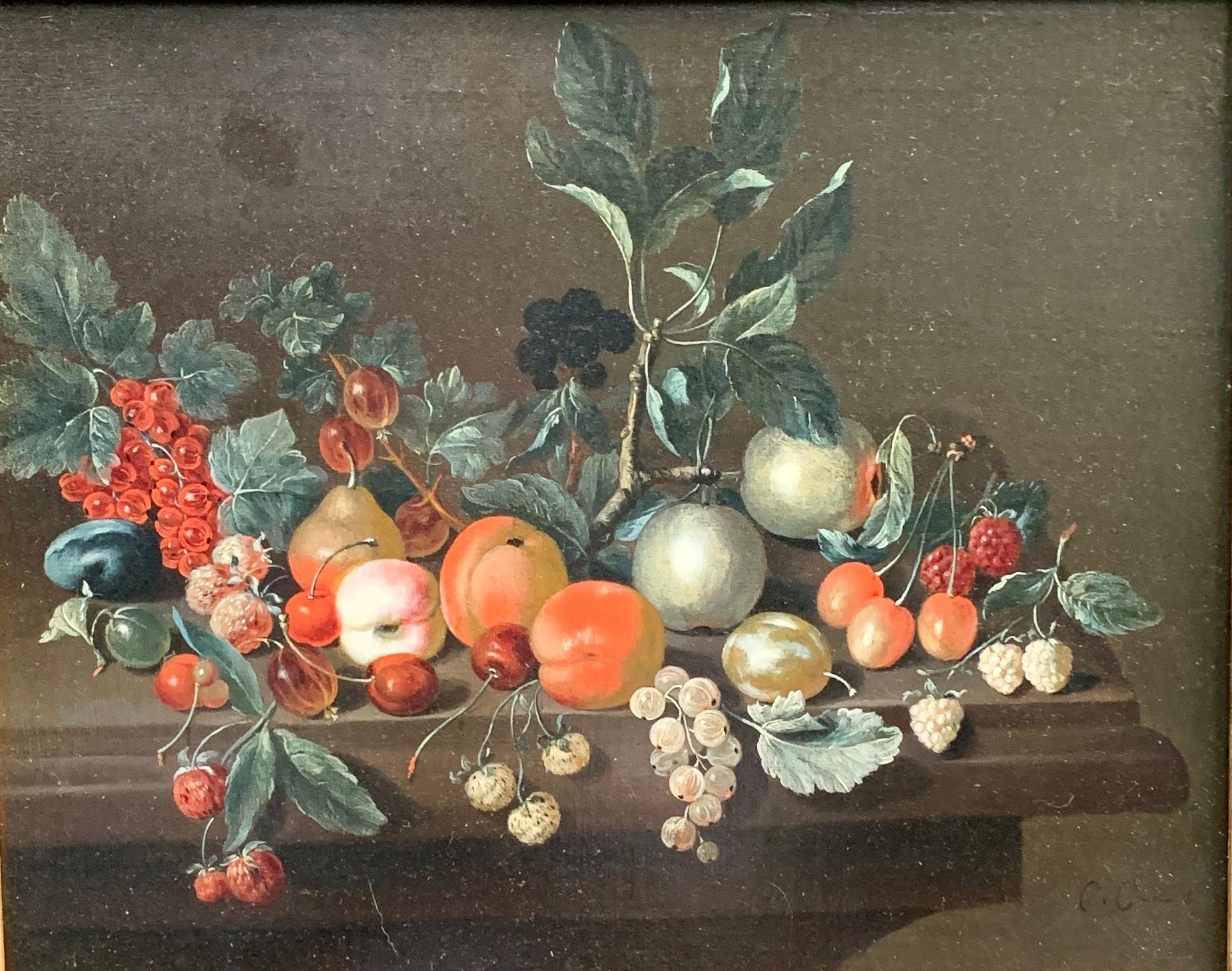 Dutch old master still life of fruit, with plums, Cherries, Raspberries etc - Painting by 18th Century Dutch School, monogrammed C.C