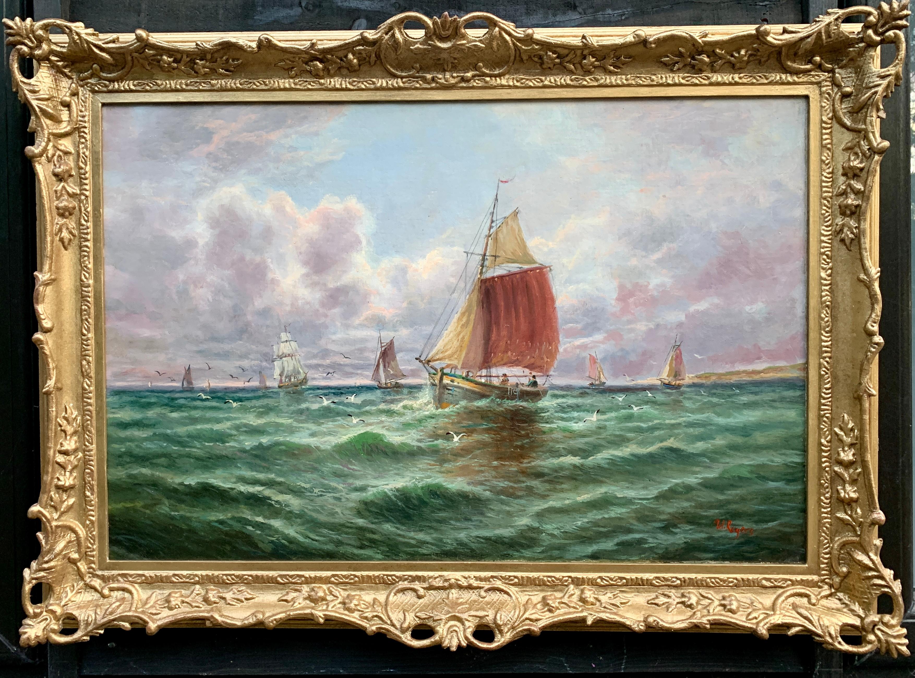 William Rogers Landscape Painting - 19th century Victorian English or Irish fishing boats with landscape at sea