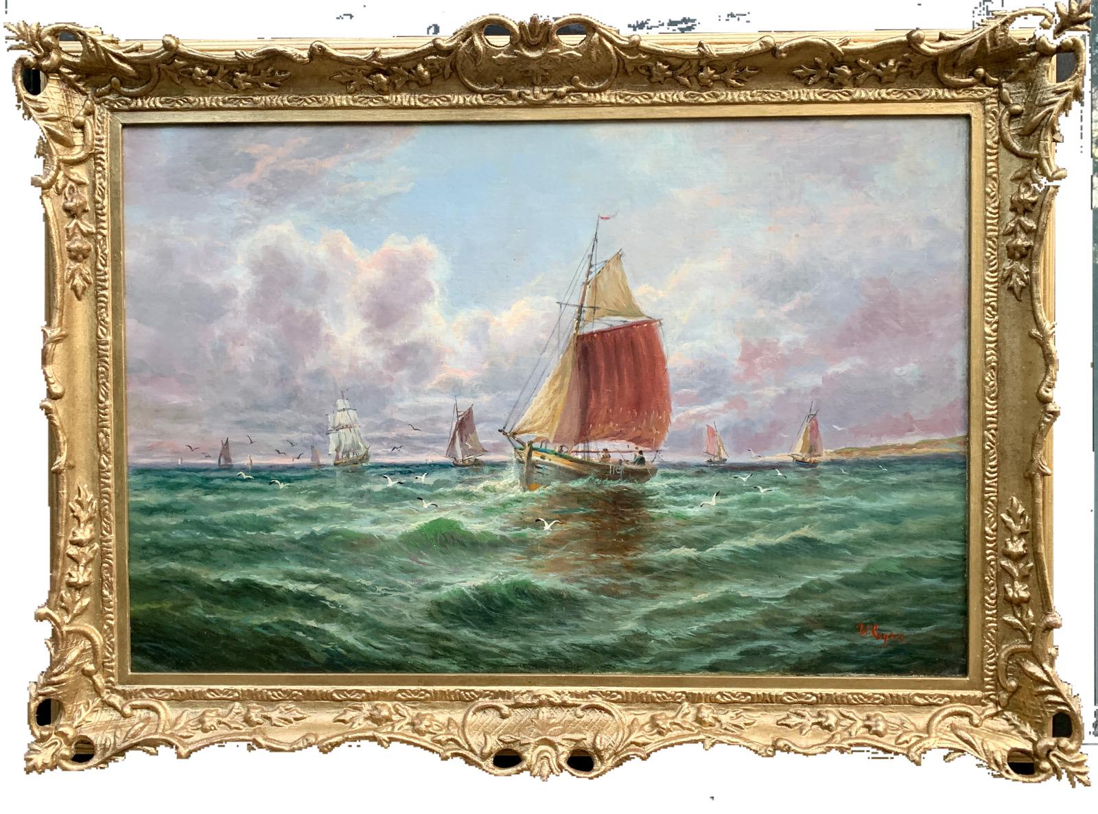 19th century Victorian English or Irish fishing boats with landscape at sea - Painting by William Rogers