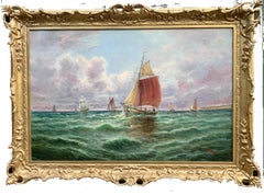 19th century Victorian English or Irish fishing boats with landscape at sea