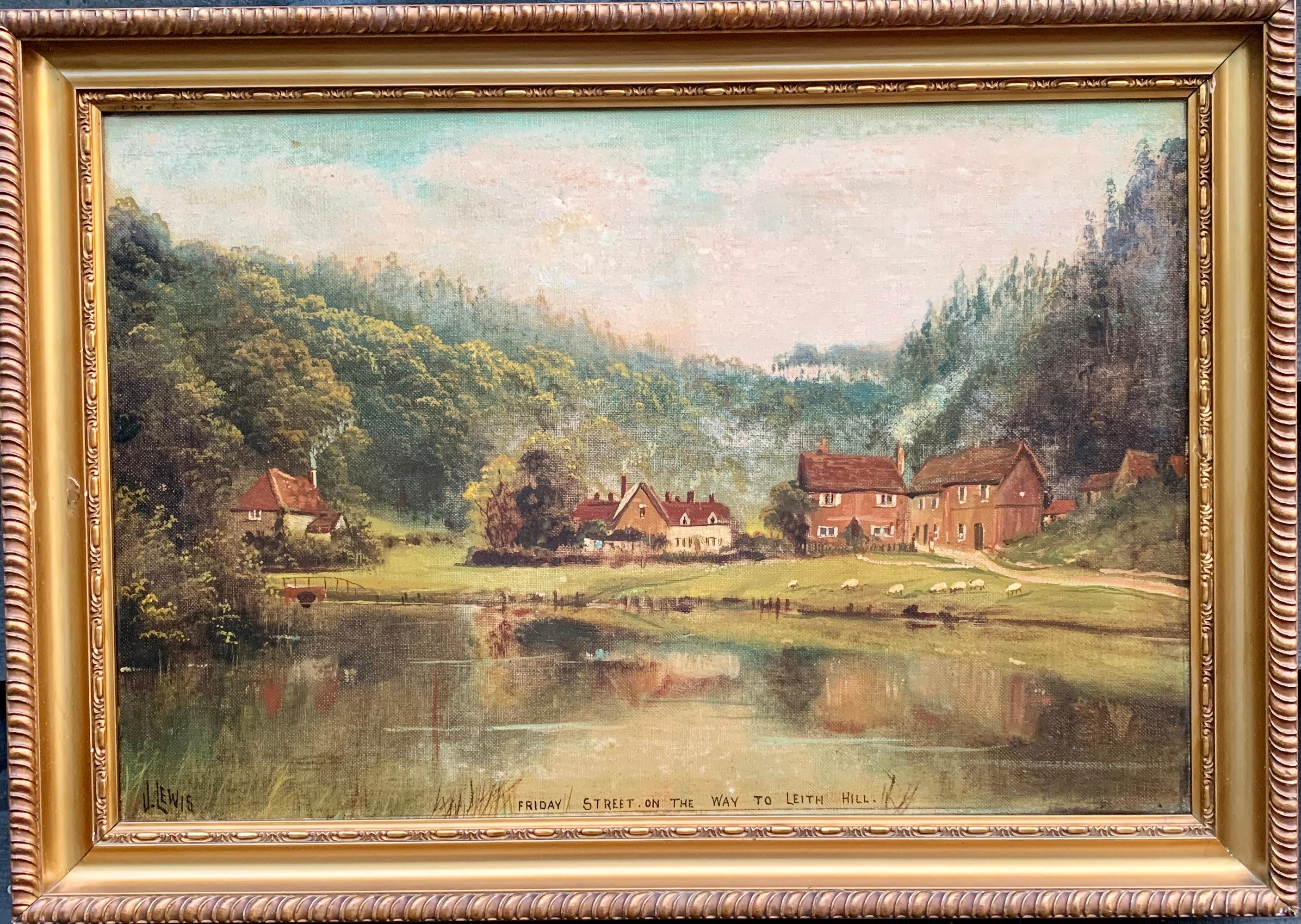 John Isaiah Lewis Landscape Painting - English 19th century Victorian landscape, Village scene, Leith Hill, Surrey UK