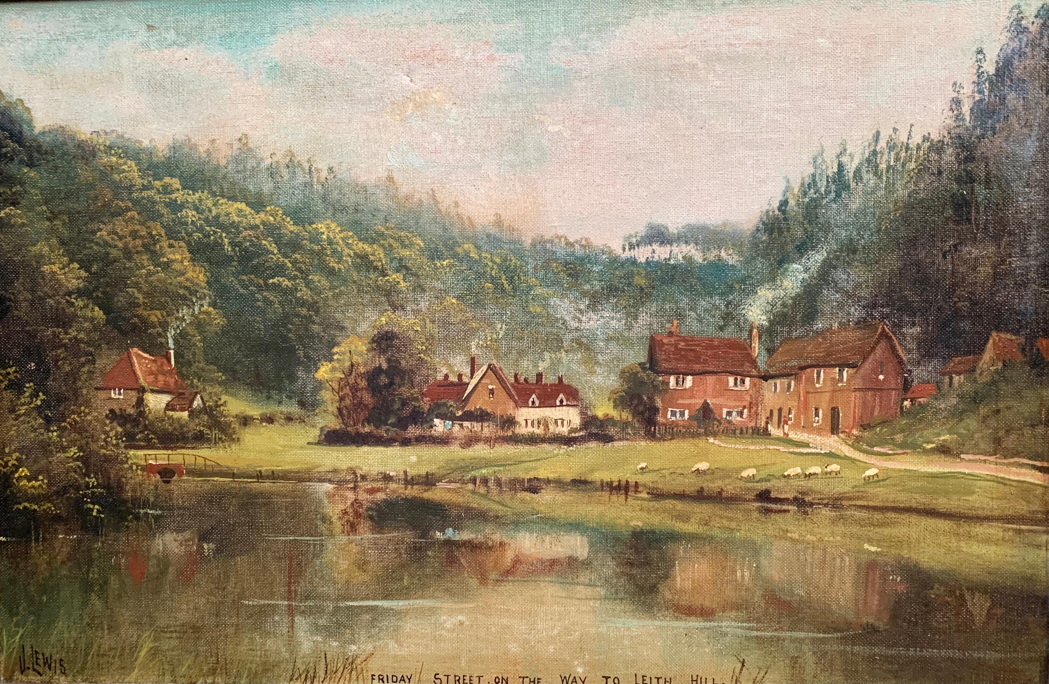 English 19th century Victorian landscape, Village scene, Leith Hill, Surrey UK - Painting by John Isaiah Lewis