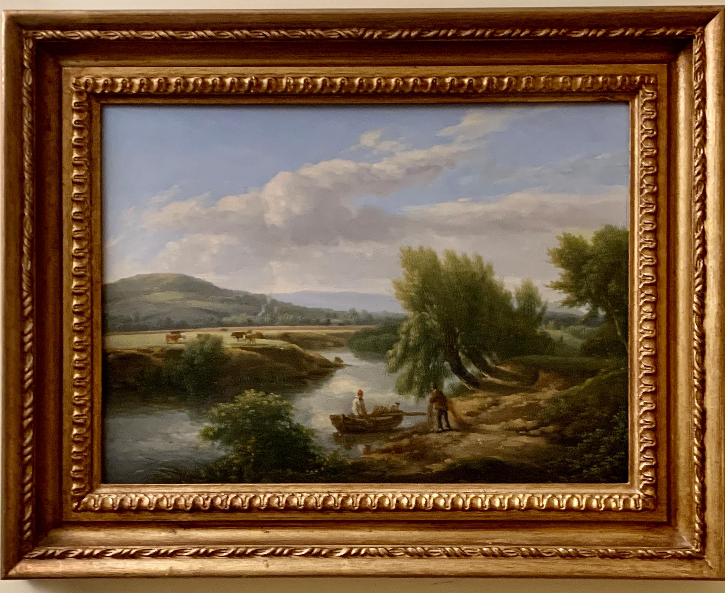 Arthur Hawkes Landscape Painting - English Victorian 19th century River landscape with fishermen, cows and trees