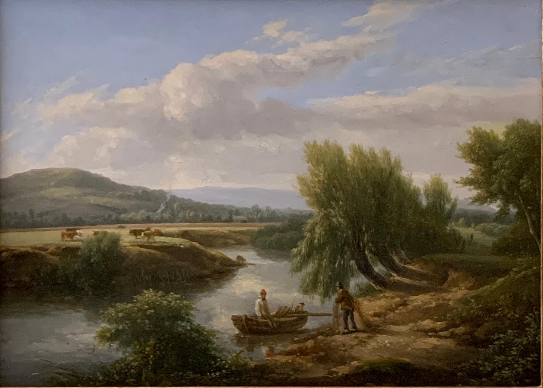 English Victorian 19th century River landscape with fishermen, cows and trees - Painting by Arthur Hawkes
