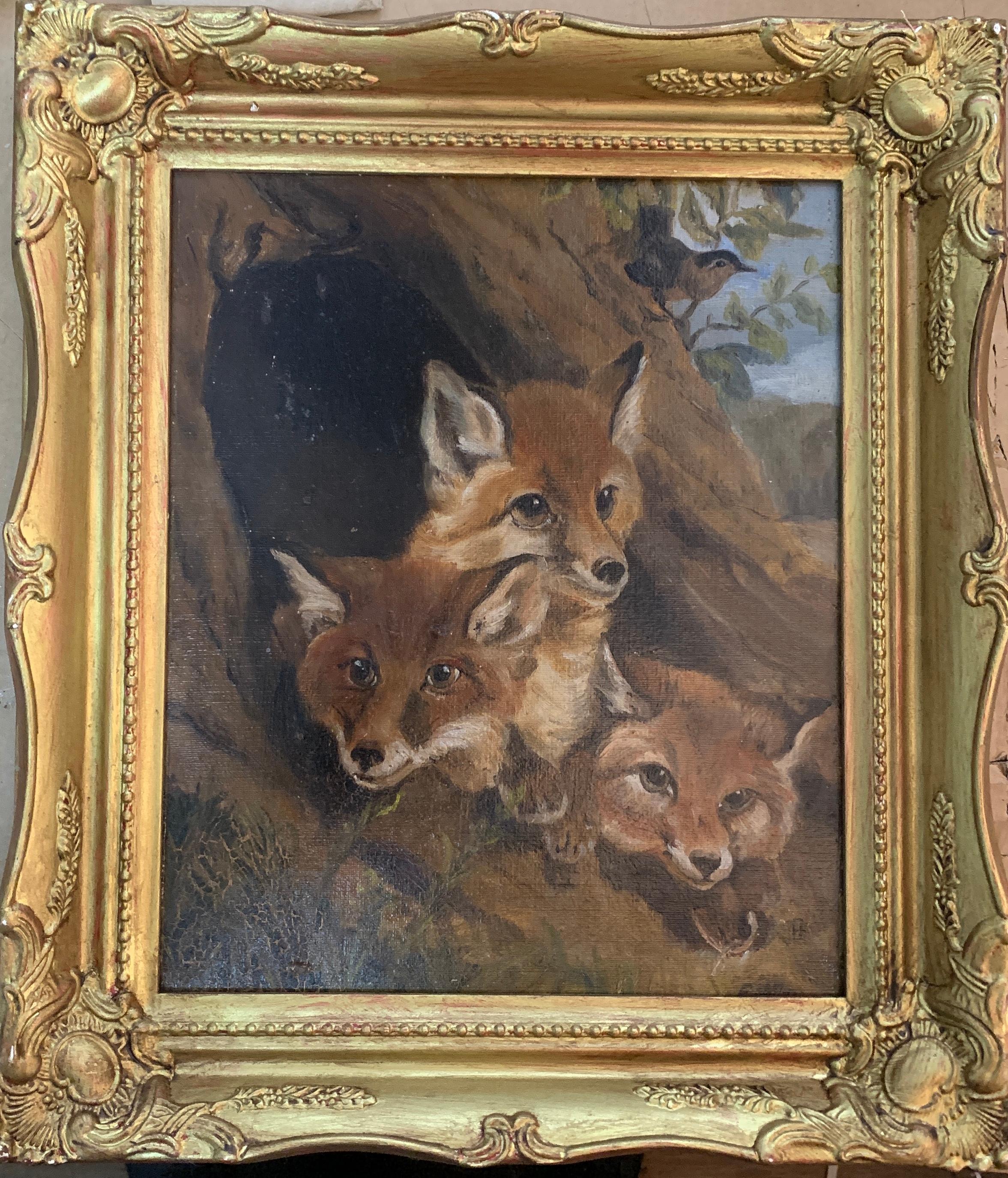 E. L Animal Painting - 19th century Victorian English study of Fox cubs in a landscape, with a Robin