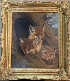 19th century Victorian English study of Fox cubs in a landscape, with a Robin