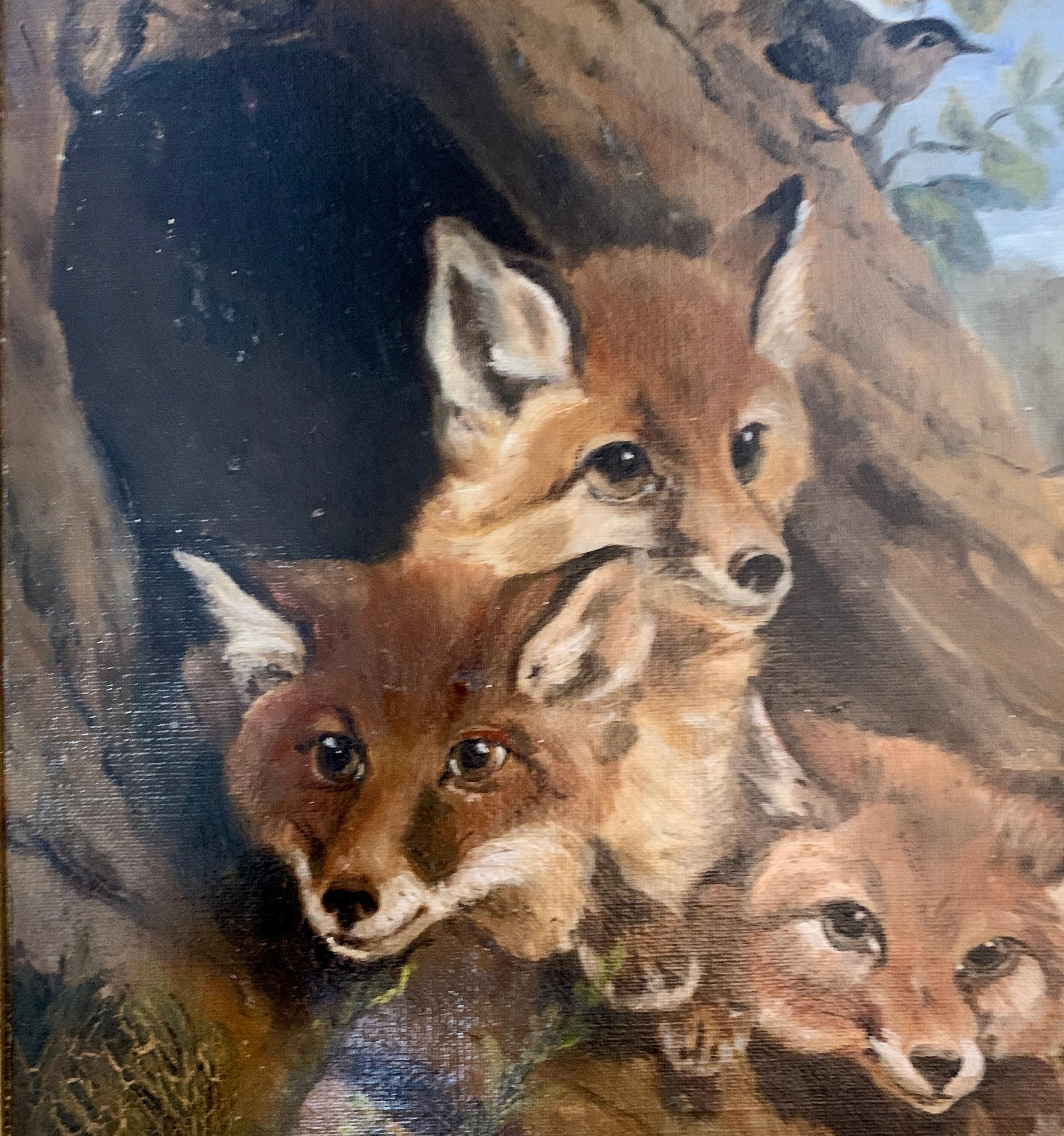 19th century Victorian English study of Fox cubs in a landscape, with a Robin - Painting by E. L