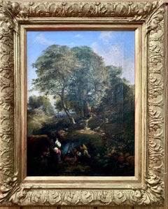 Paisaje forestal inglés del siglo XIX con figuras junto a una hoguera, a media tarde