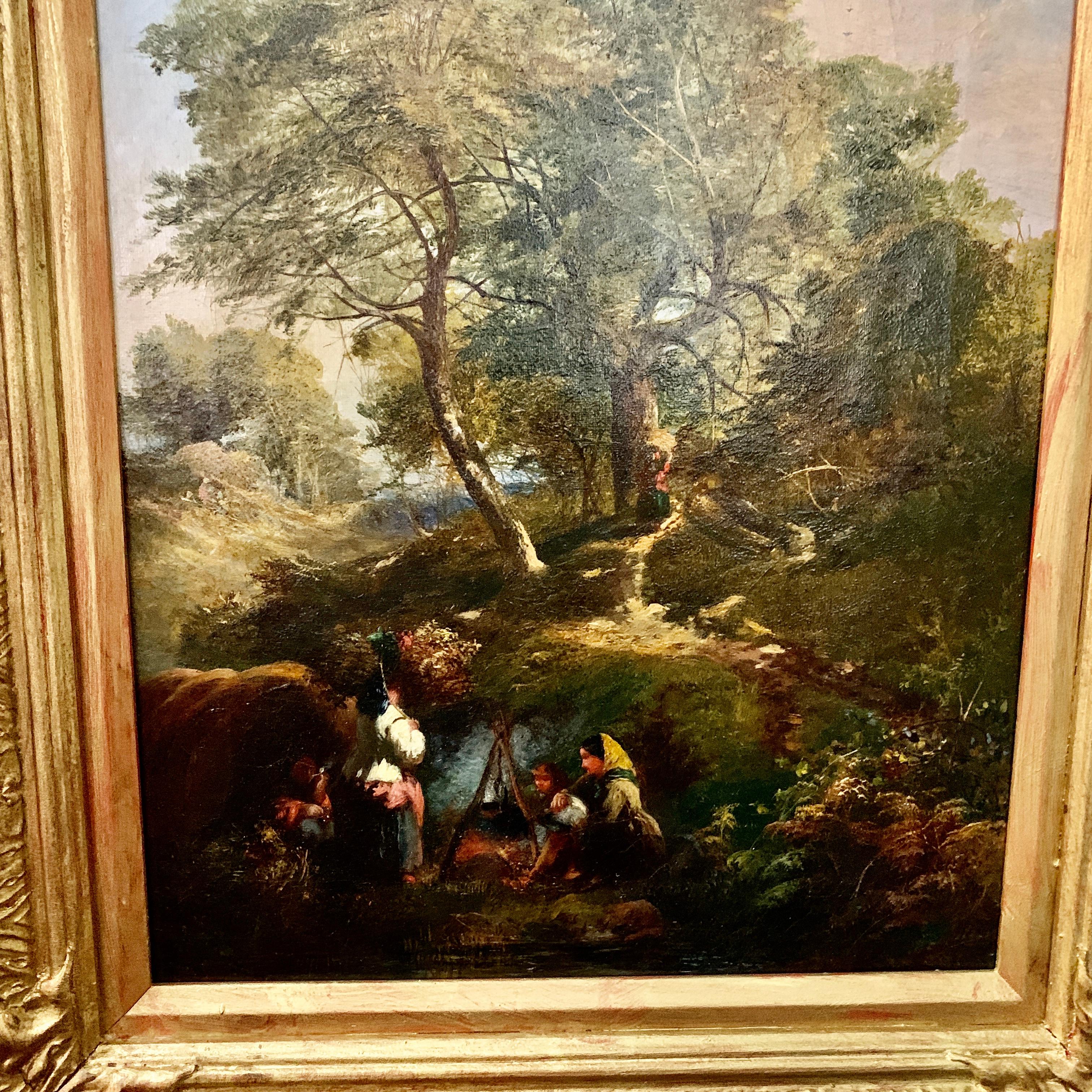 19th century English forest landscape with figures by a fire side, mid afternoon - Painting by H.Bennett