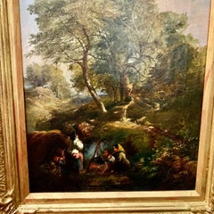 Englische Waldlandschaft des 19. Jahrhunderts mit Figuren auf einer Feuerseite, Mitte des Nachmittags