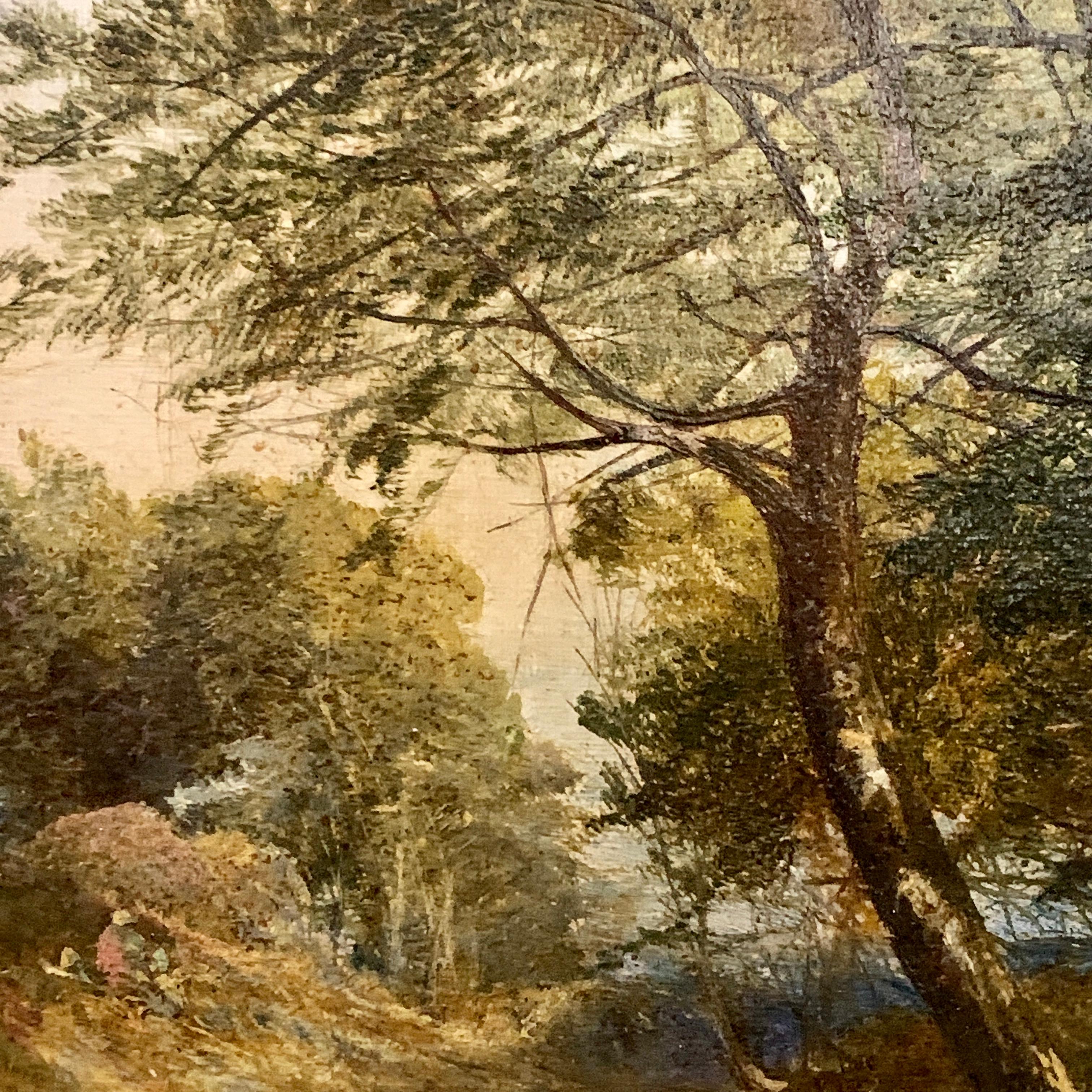 19th century English forest landscape with figures by a fire side, mid afternoon - Victorian Painting by H.Bennett