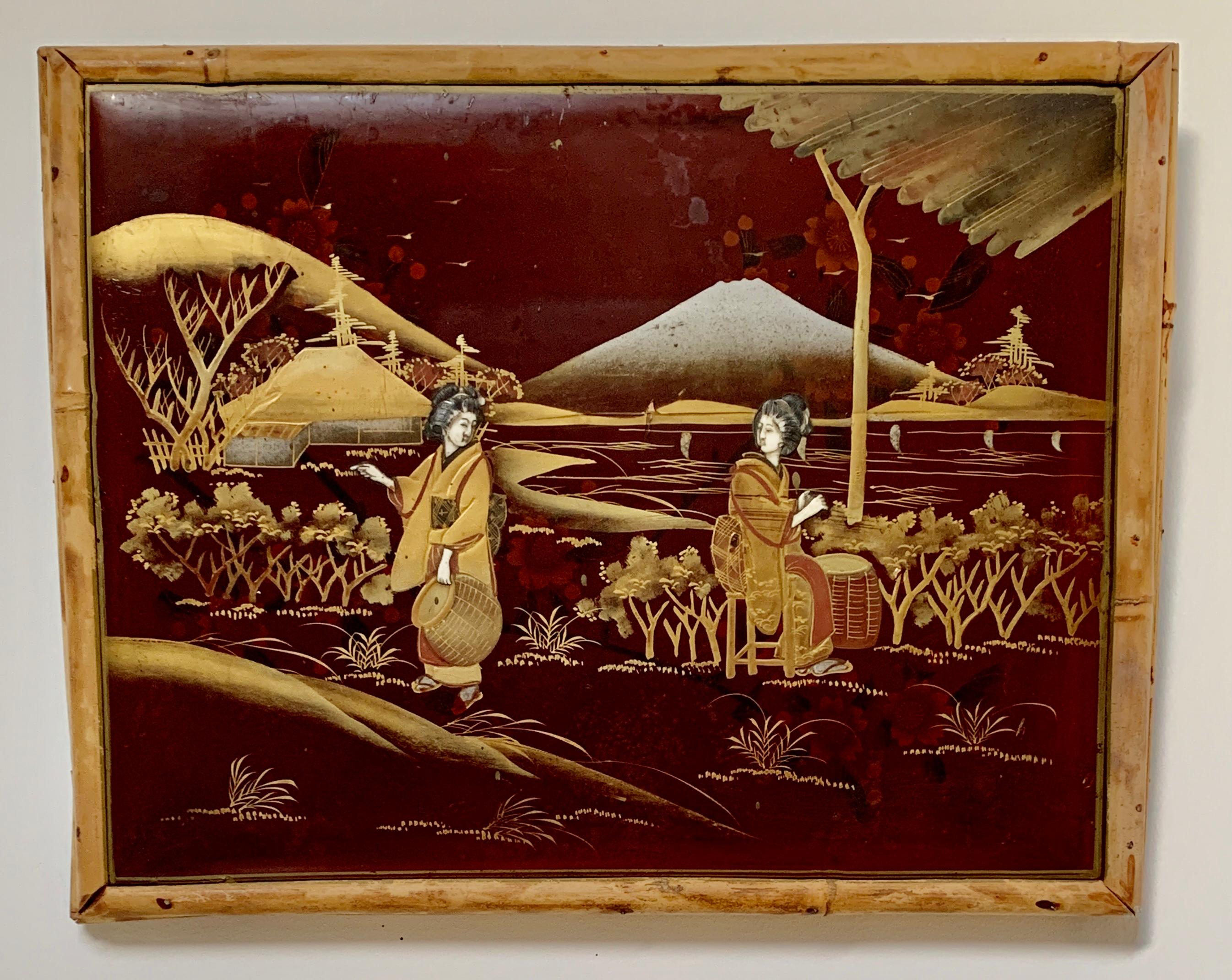 Pair of Chinese Lacquer, gilt and bone scenes of ladies in landscape scenes. - Mixed Media Art by 19th Century Chinese school