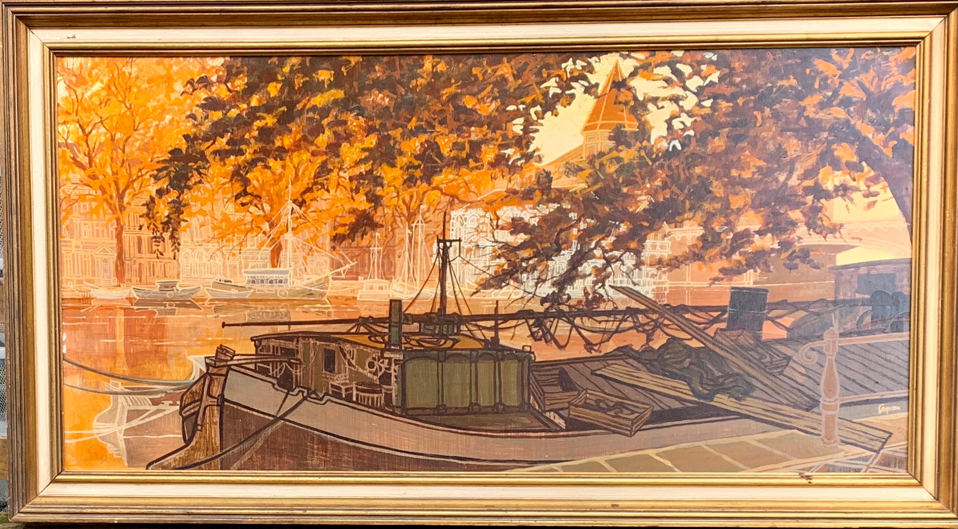 Fowprean Landscape Painting - Mid Century Dutch canal city scene, in brown, orange black and white