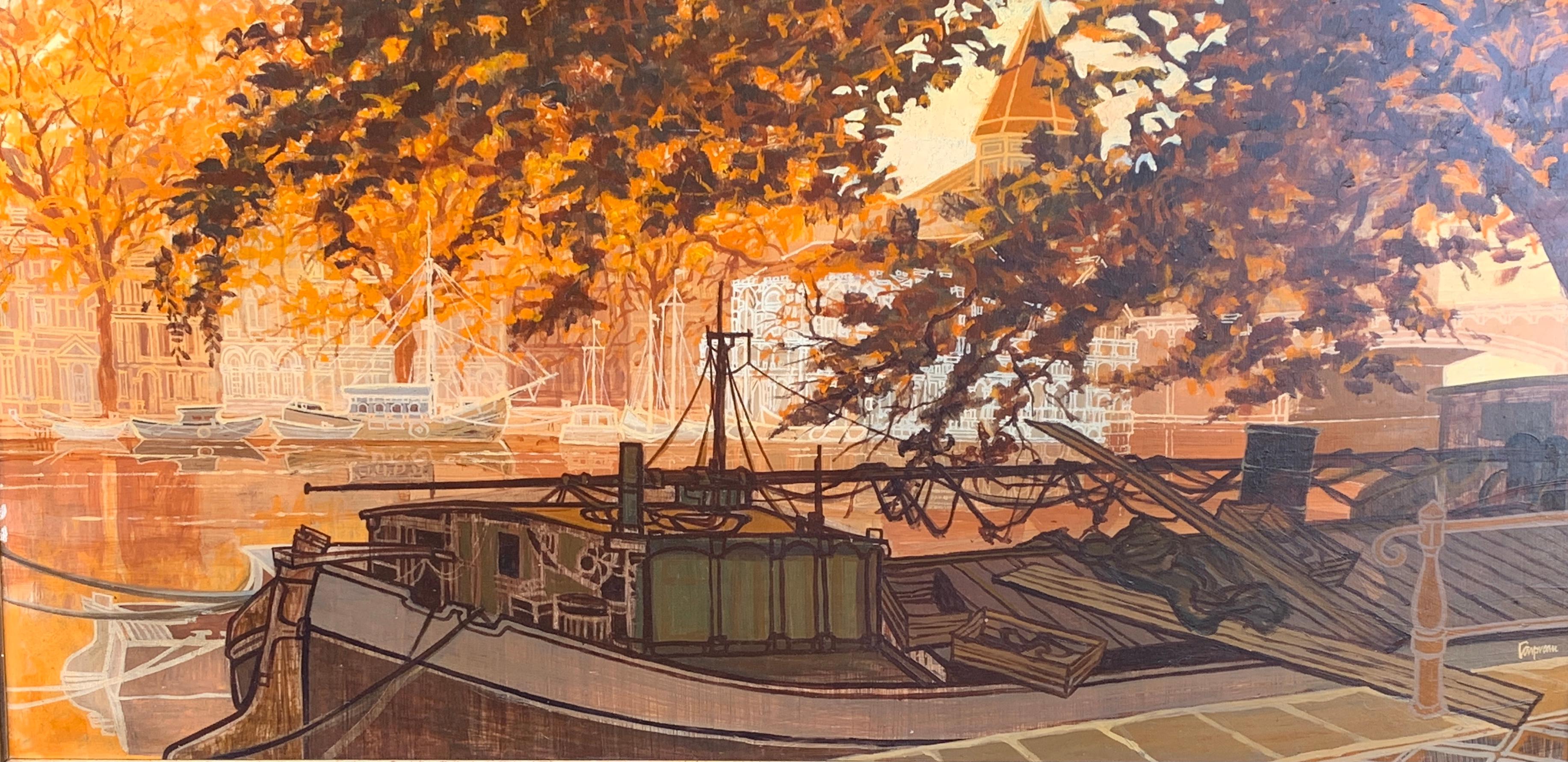 Mid Century Dutch canal city scene, in brown, orange black and white - Painting by Fowprean