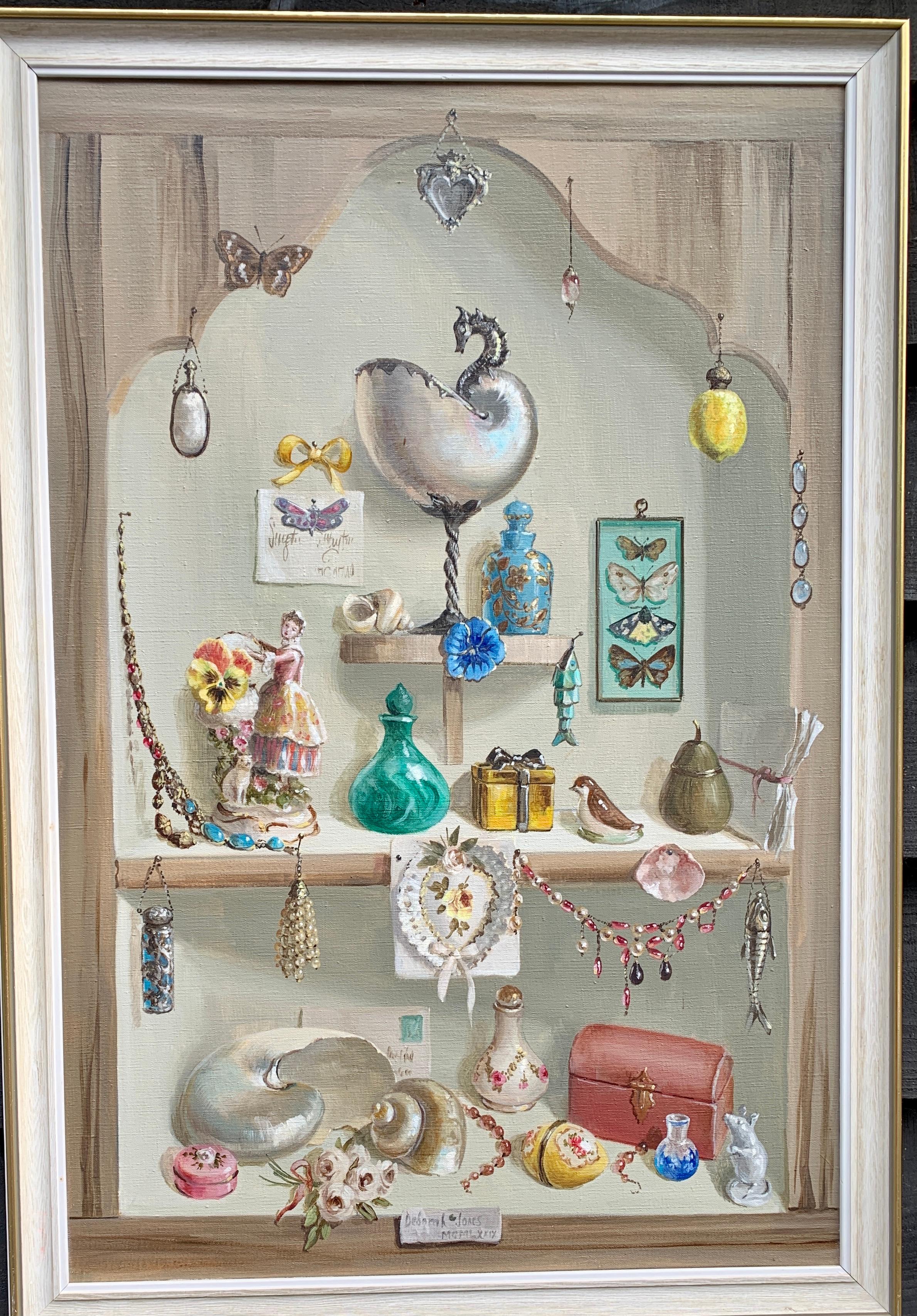 Deborah Jones Still-Life Painting - Still life study of treasures, shells, jewelry , flowers, boxes, glass.