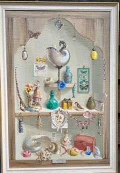 Retro Still life study of treasures, shells, jewelry , flowers, boxes, glass.