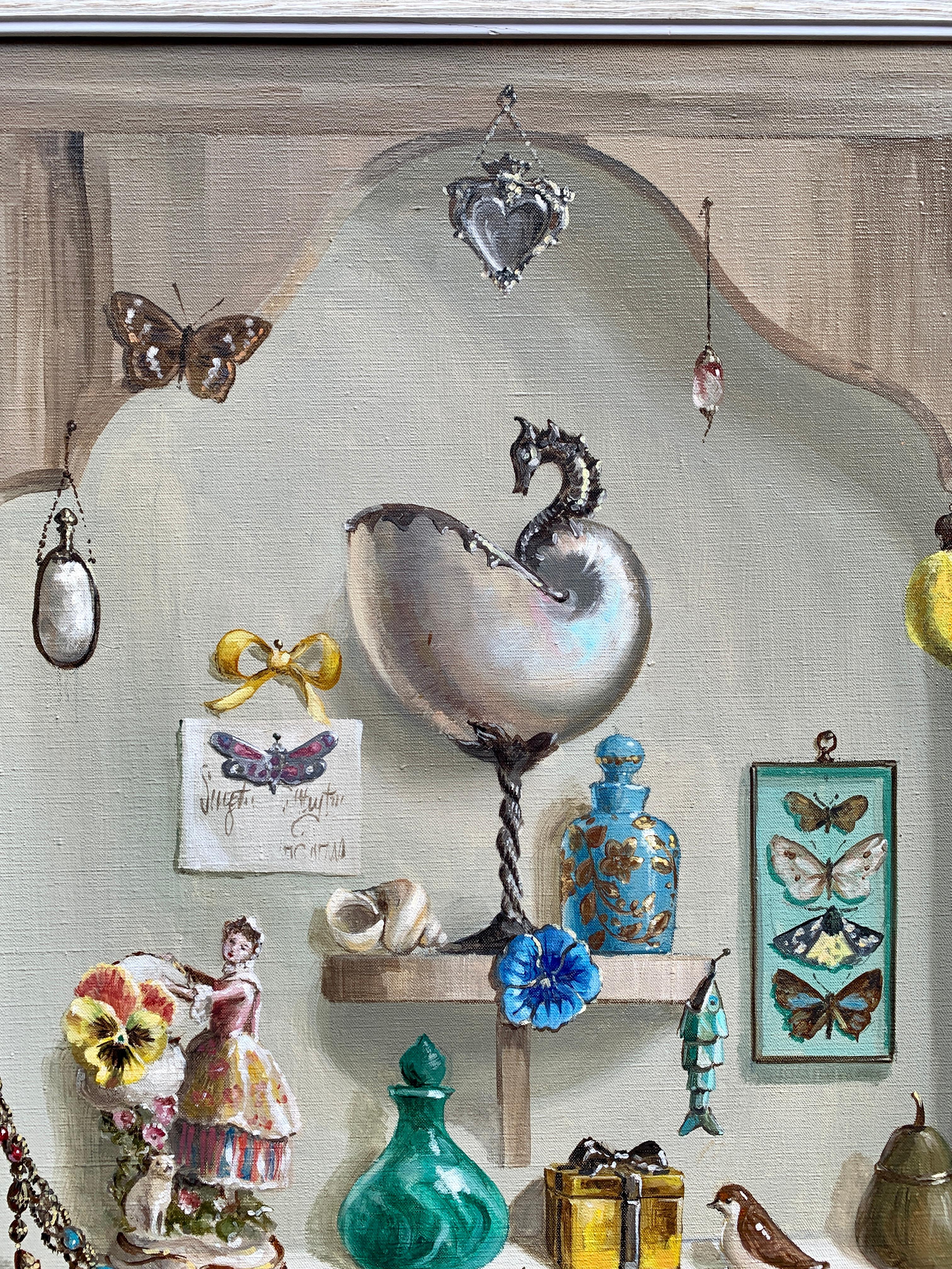 Still life study of treasures, shells, jewelry , flowers, boxes, glass. - Painting by Deborah Jones