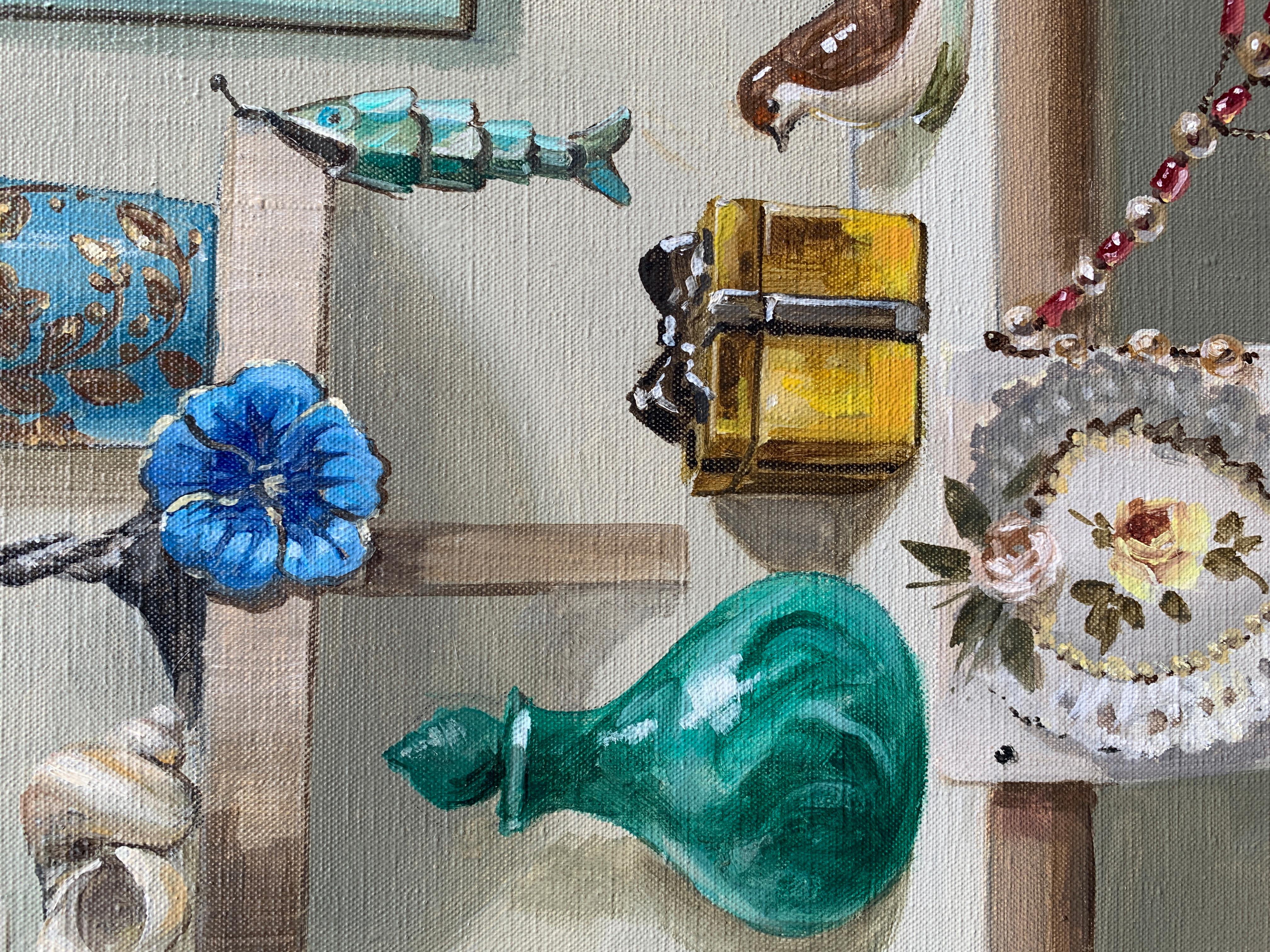 Still life study of treasures, shells, jewelry , flowers, boxes, glass. - American Realist Painting by Deborah Jones