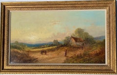 19th century English Victorian landscape with cottage and figure, horse and cart