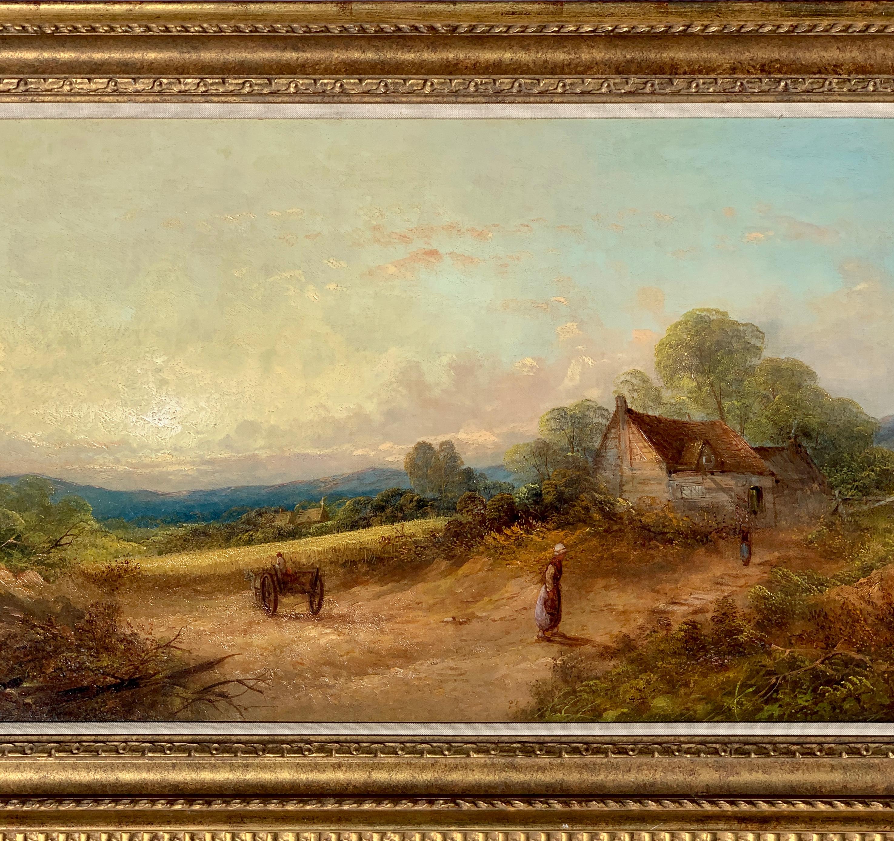 19th century English Victorian landscape with cottage and figure, horse and cart - Painting by R.Stubbs