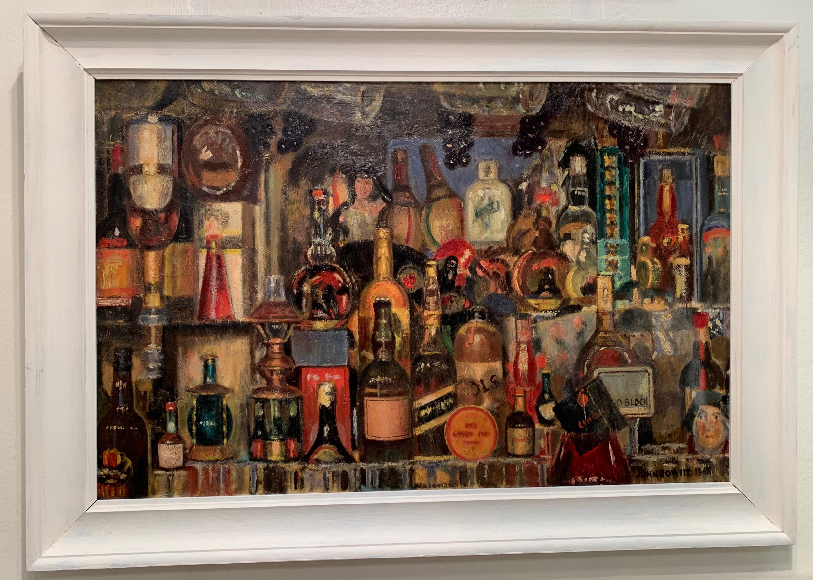 John Jowitt Still-Life Painting - English  1960's mid century modern bar of bottles of alcohol in a pub/bar