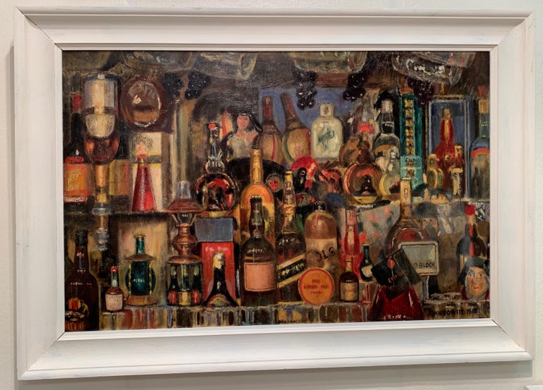English  1960's mid century modern bar of bottles of alcohol in a pub/bar - Painting by John Jowitt