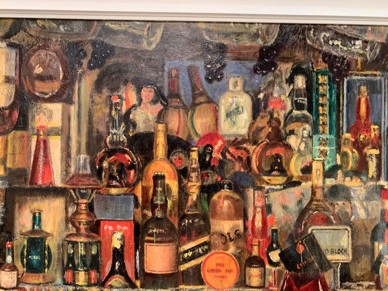 English  1960's mid century modern bar of bottles of alcohol in a pub/bar - Realist Painting by John Jowitt