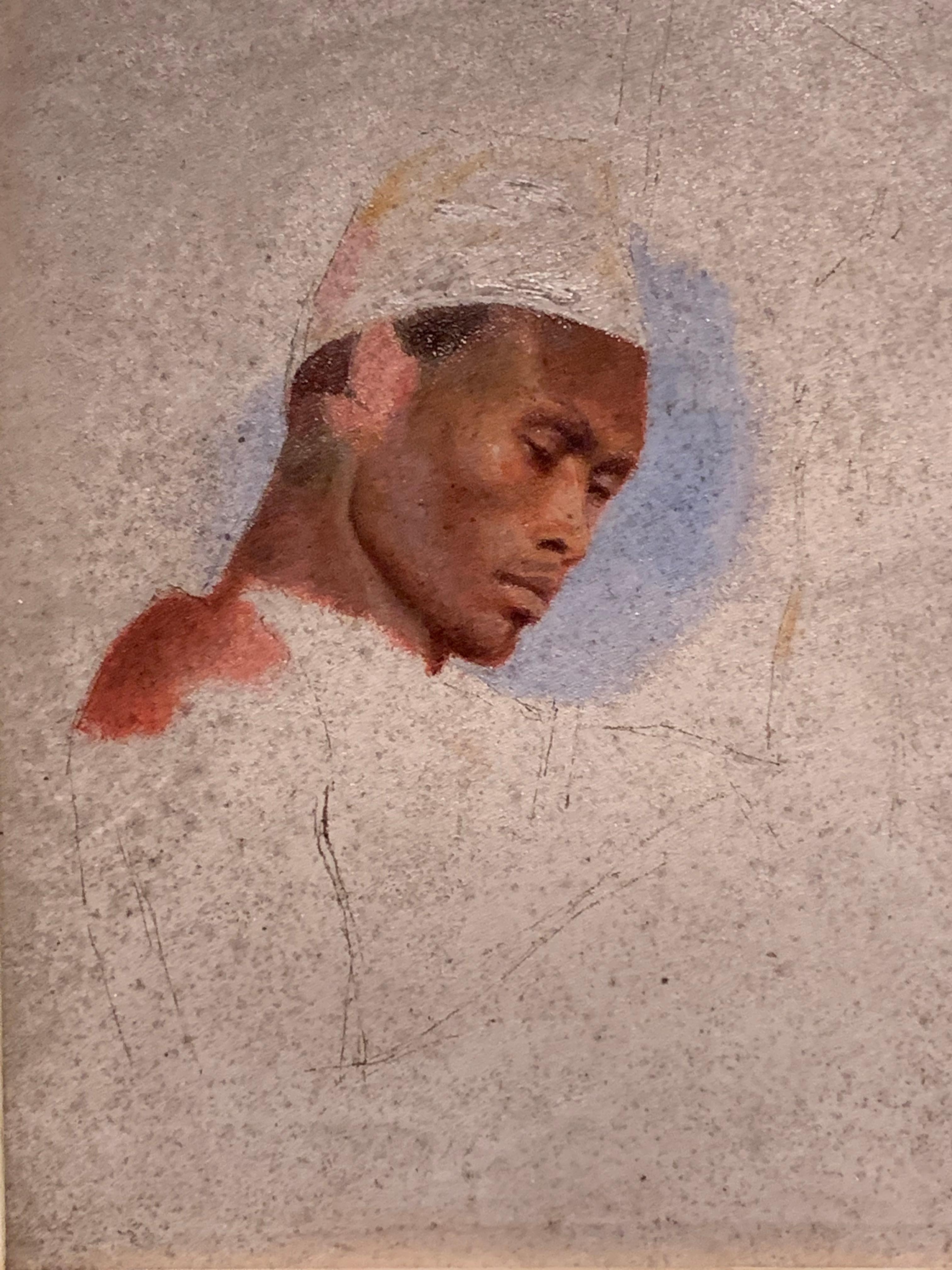 Klassische französische Porträtskizze eines nordafrikanischen Manneskopfes aus dem 19. Jahrhundert – Painting von Unknown