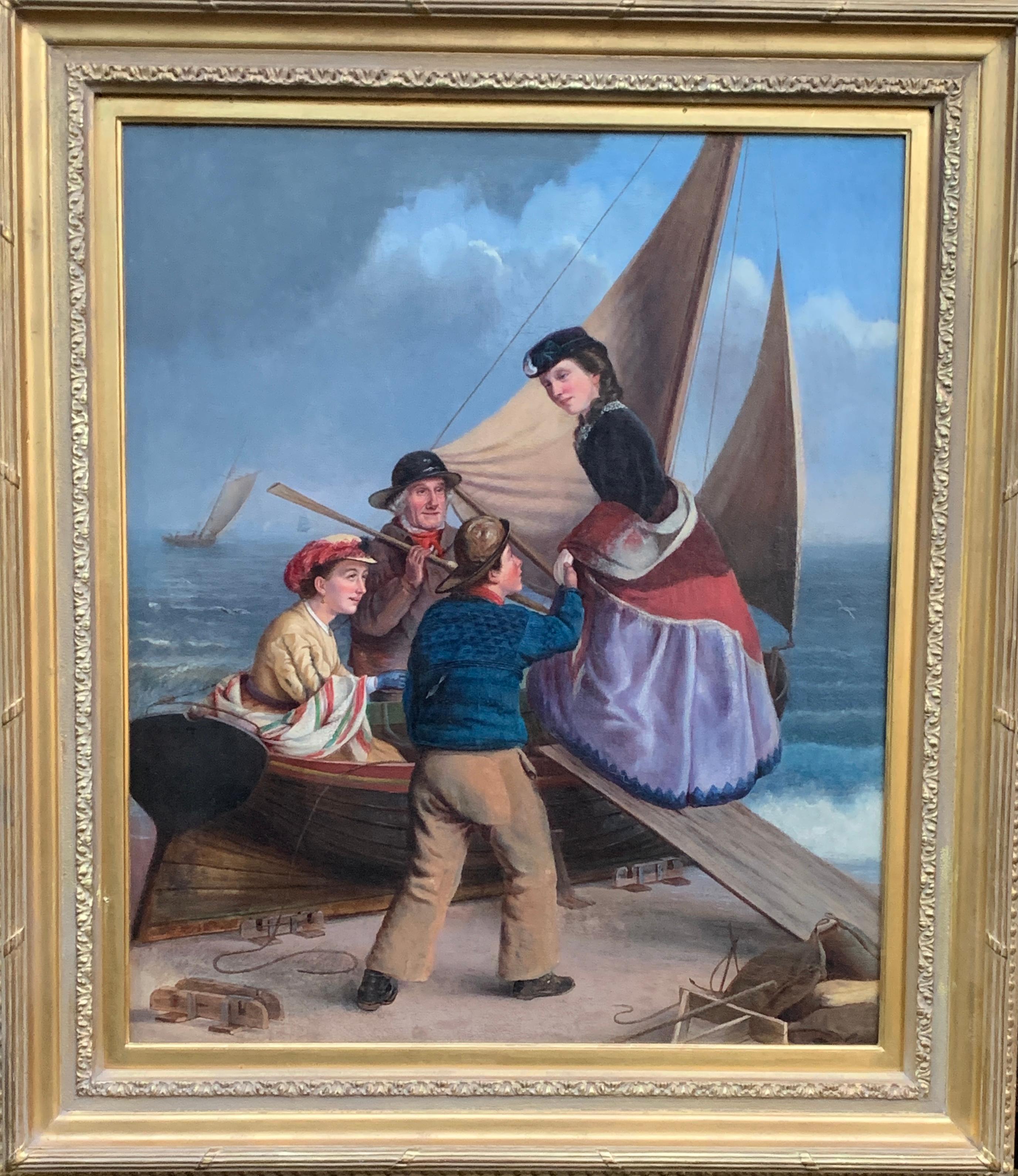 Figurative Painting Unknown -  scène de personnage anglaise du XIXe siècle avec un pêcheur aidant des femmes à pénétrer sur un bateau