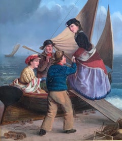 Escena de figura inglesa del siglo XIX con pescador ayudando a subir a unas señoras a un barco