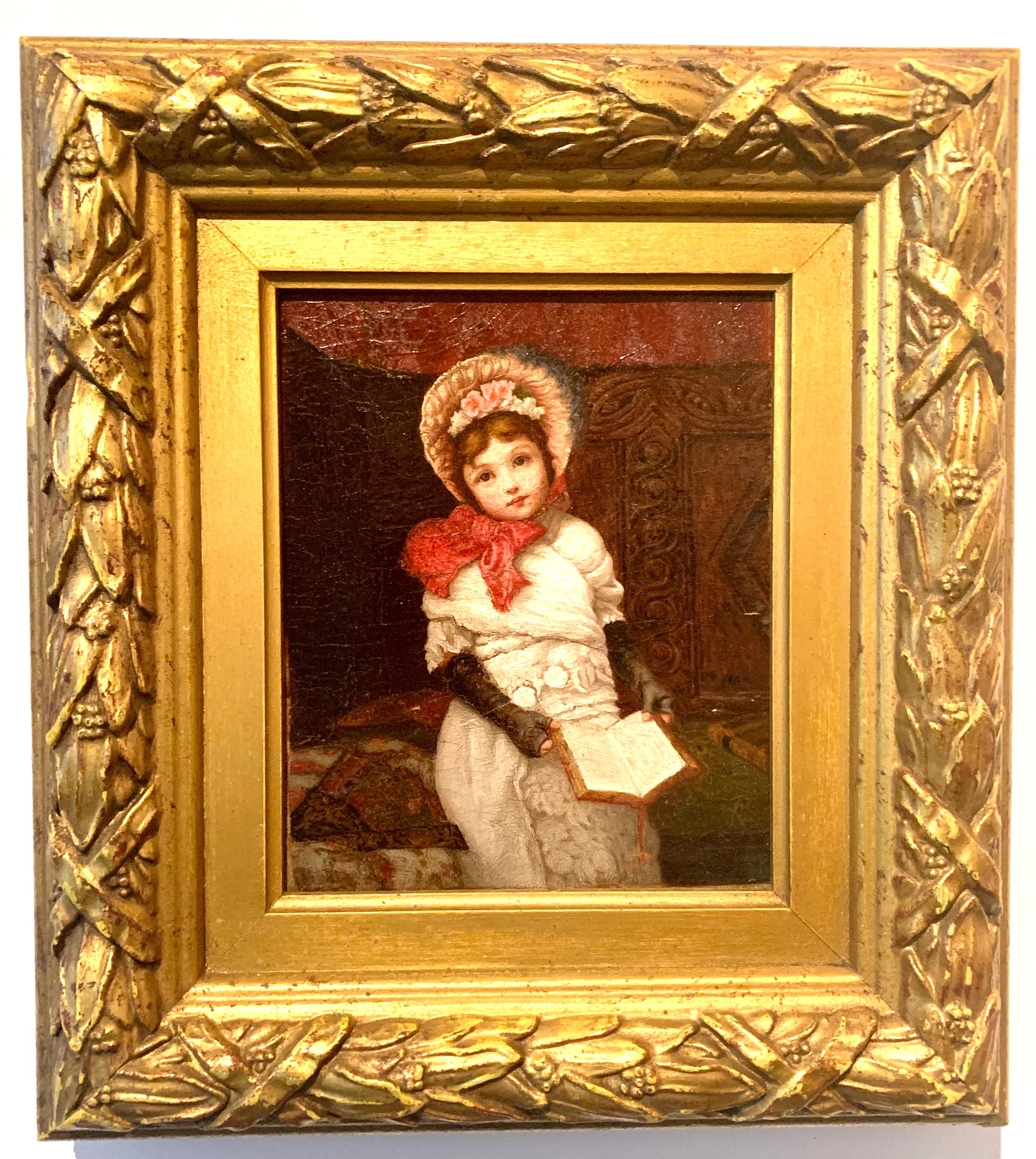 Unknown Figurative Painting - Victorian English portrait of a seated little girl with a red bow reading a book