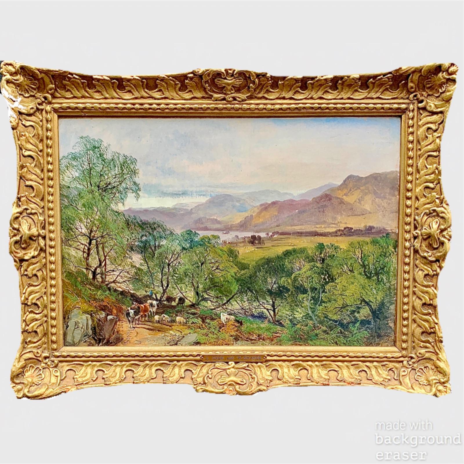 John Syer Figurative Painting - 19th century English antique oil landscape with cows, trees, lakes and mountains