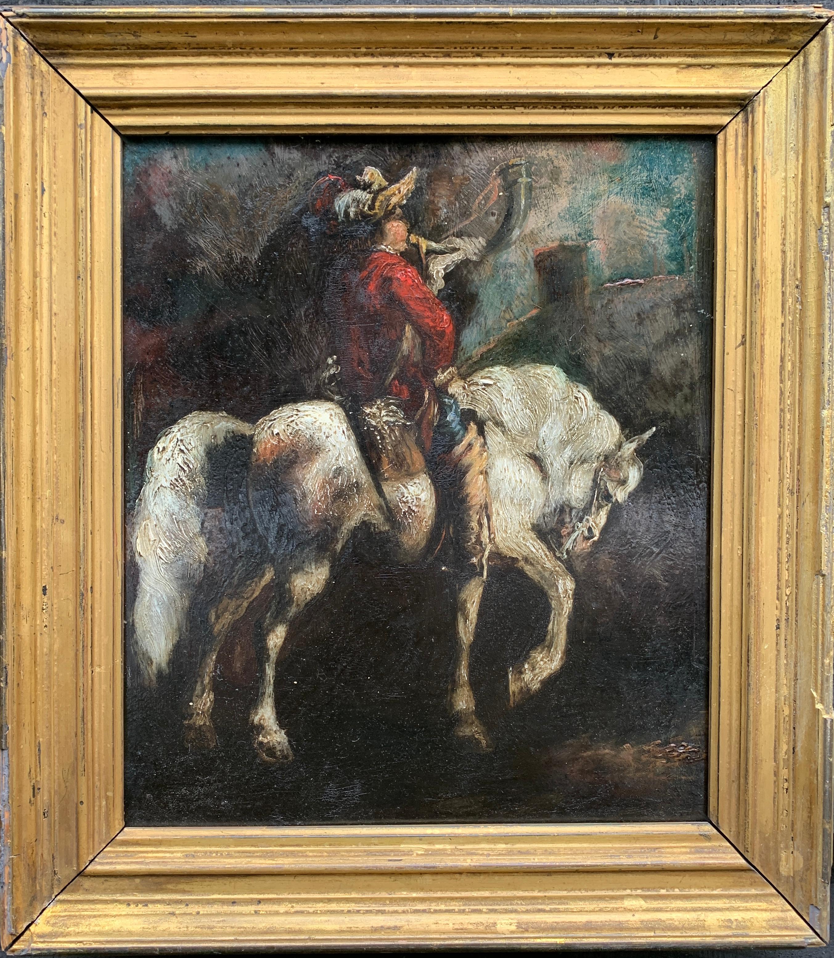 Unknown Figurative Painting - Early 19th century portrait of a cavalier dressed man on a horse in a landscape