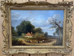Landscape, English Victorian Cottage landscape with figures on a path, oak trees
