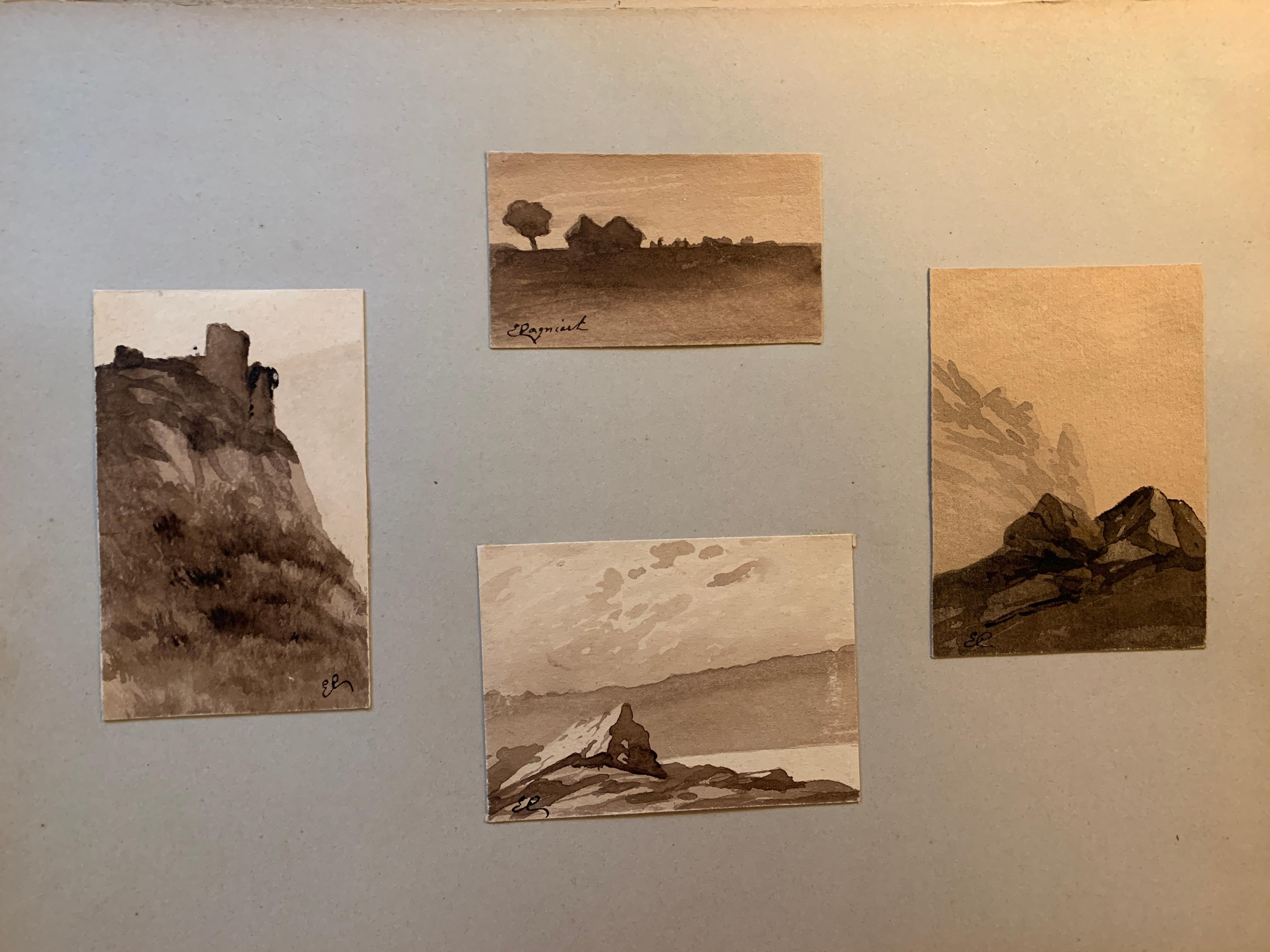  4 paysages français du XIXe siècle à partir d'un dossier d'esquisses réalisé à l'aide d'un stylo et d'encre