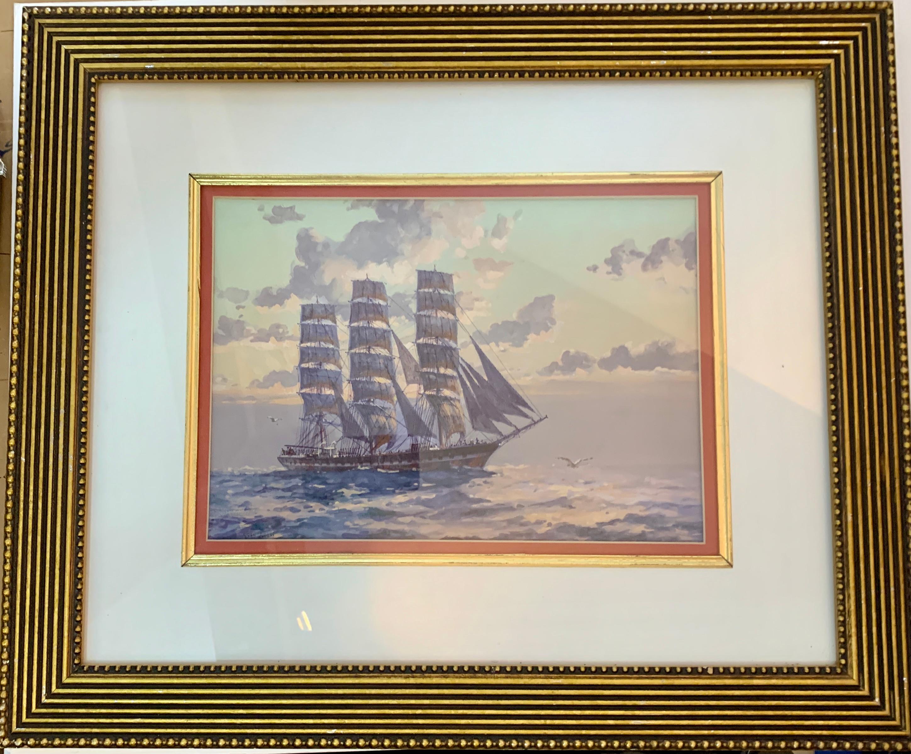 English tea Clipper ship in full sail at sea with the Sun rising