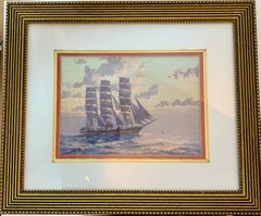 English tea Clipper ship in full sail at sea with the Sun rising