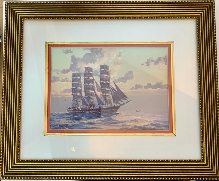 John Allan Landscape Art - English tea Clipper ship in full sail at sea with the Sun rising
