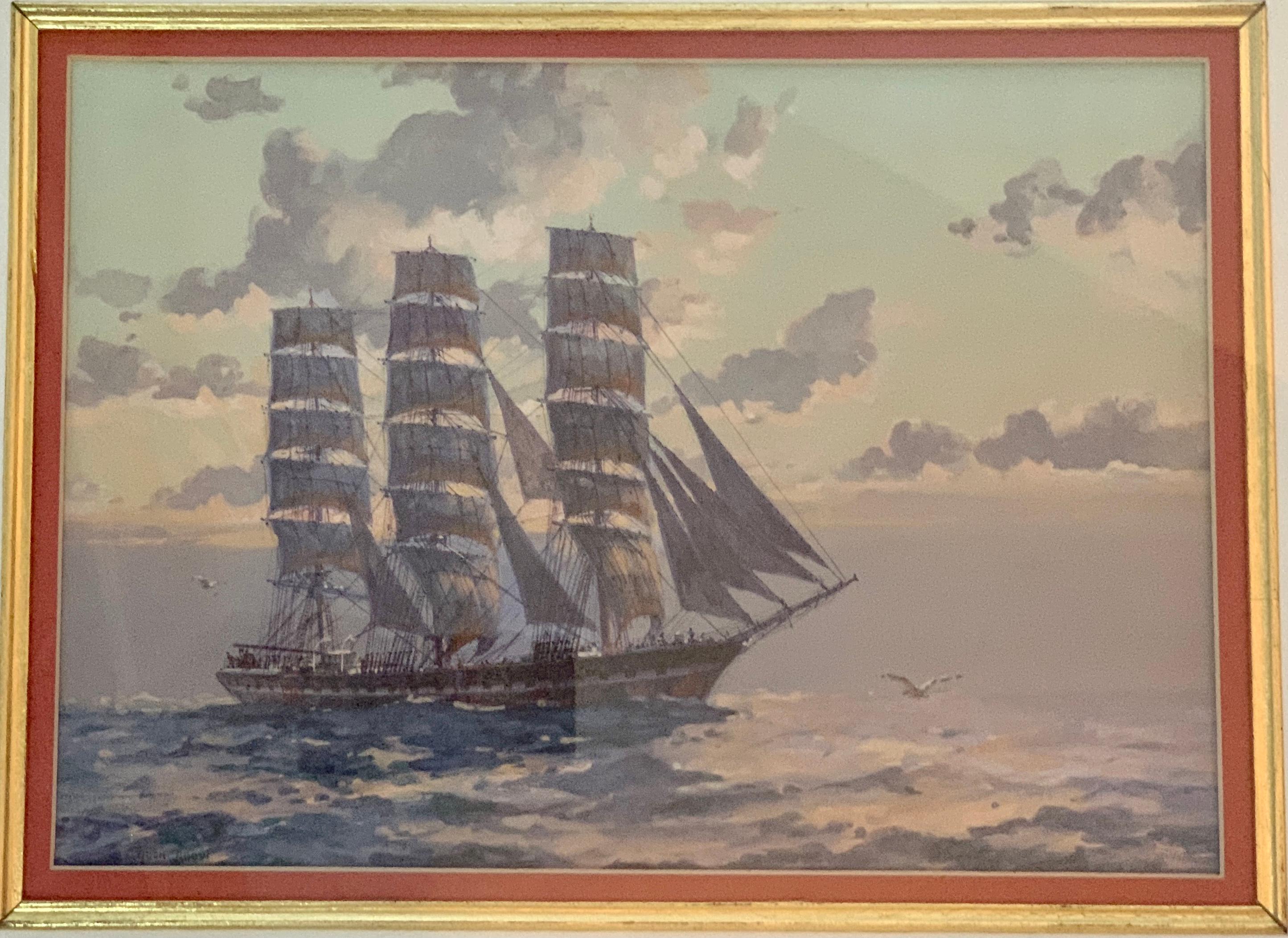 English tea Clipper ship in full sail at sea with the Sun rising - Art by John Allan