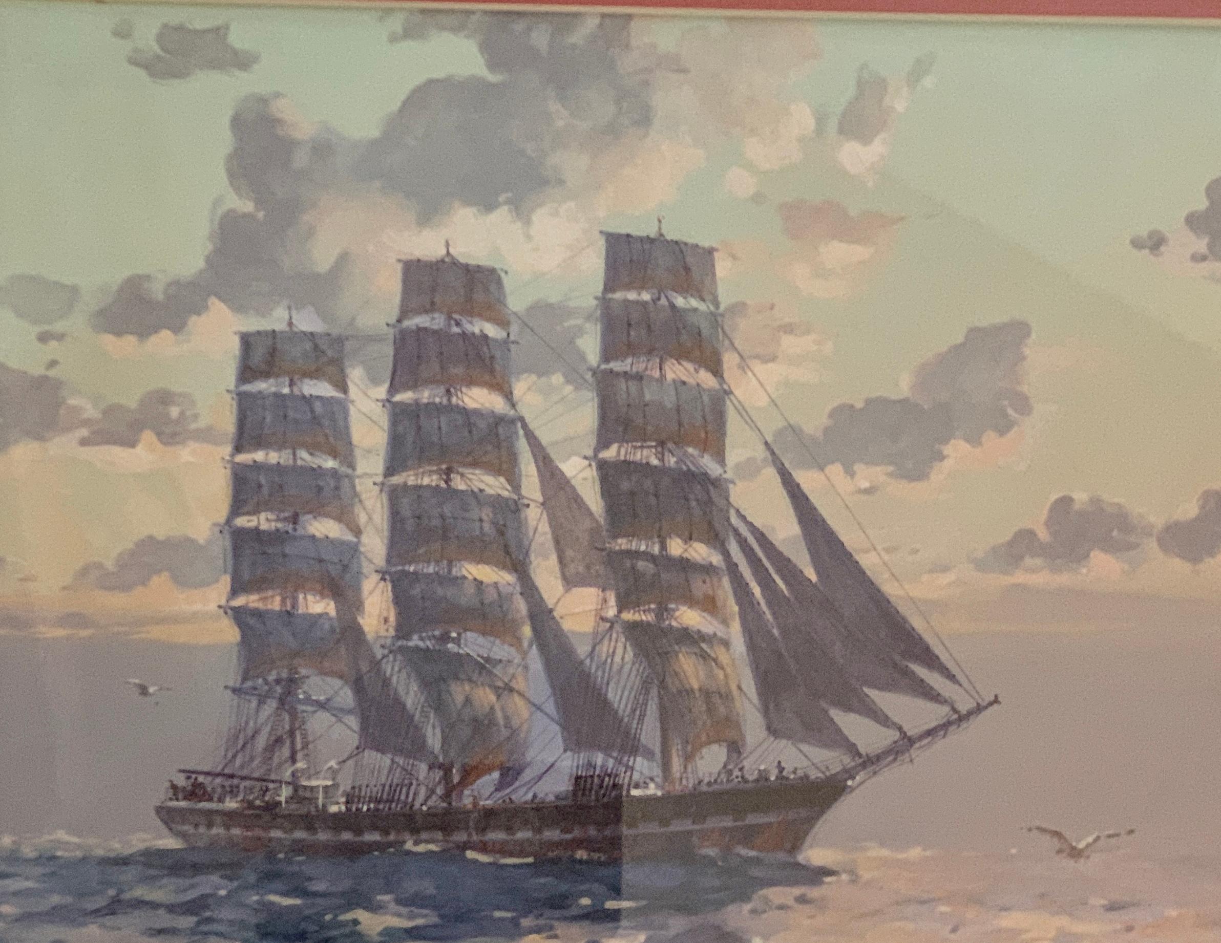 Vieux navire à clipper anglais en voile pleine en mer avec le soleil couchant - Réalisme Art par John Allan