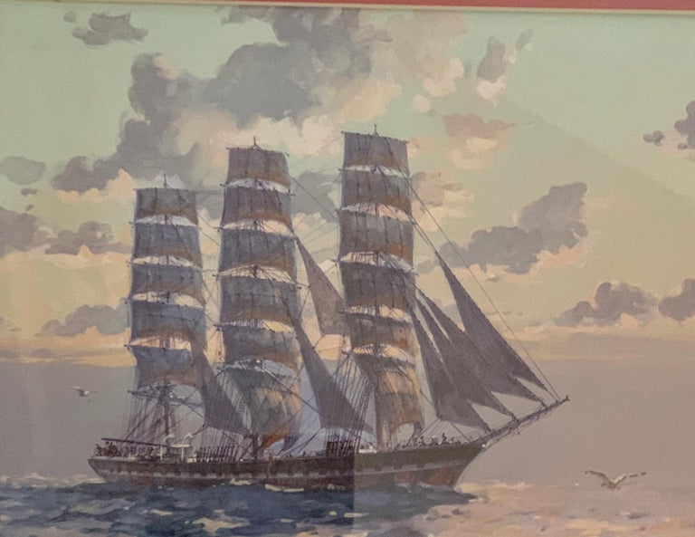 English tea Clipper ship in full sail at sea with the Sun rising - Realist Art by John Allan