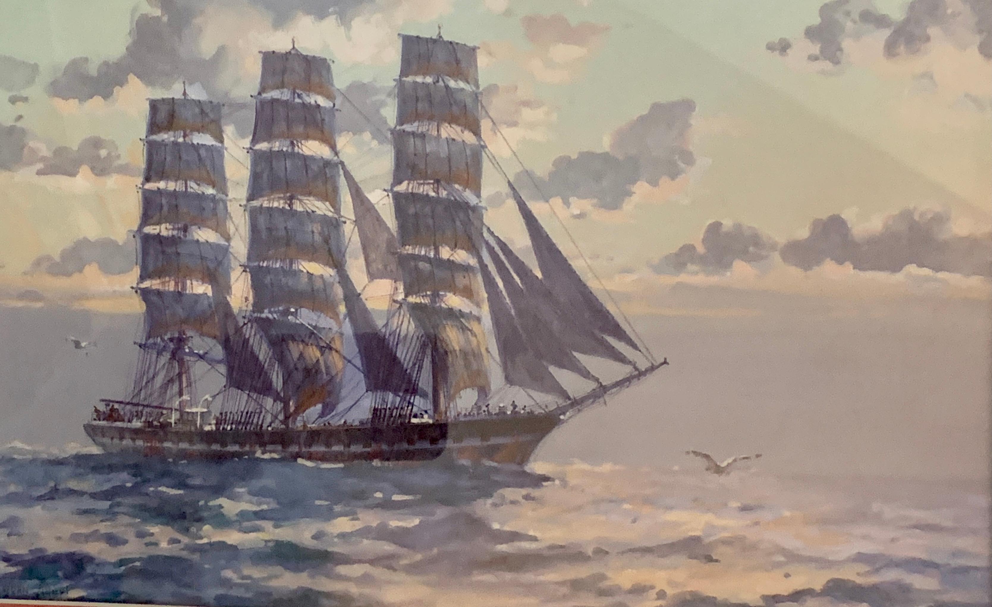 Vieux navire à clipper anglais en voile pleine en mer avec le soleil couchant - Beige Landscape Art par John Allan