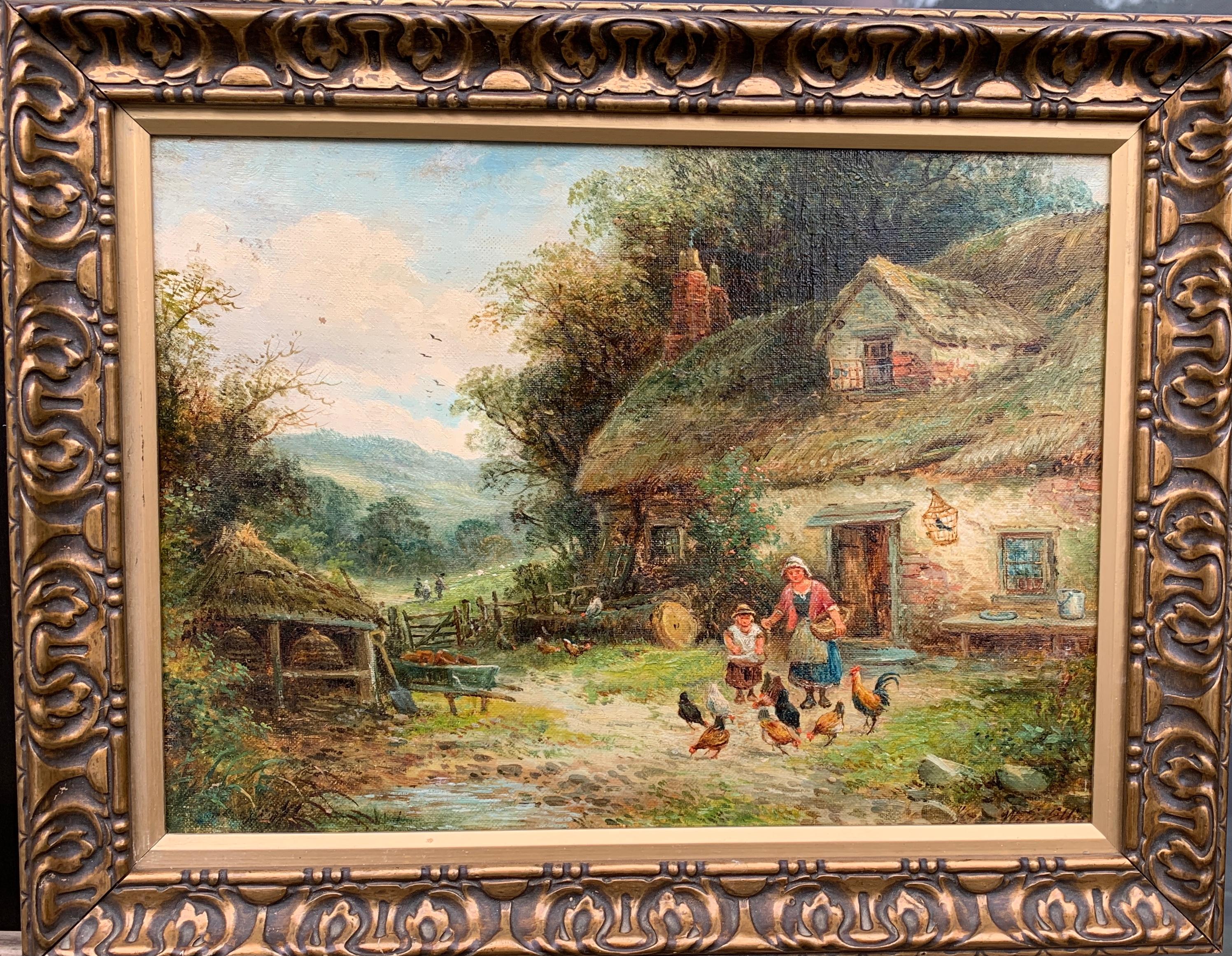 Landscape Painting Walter Ellis - Paysage de cottage anglais du 19ème siècle avec mère et enfant nourrissant des poulets